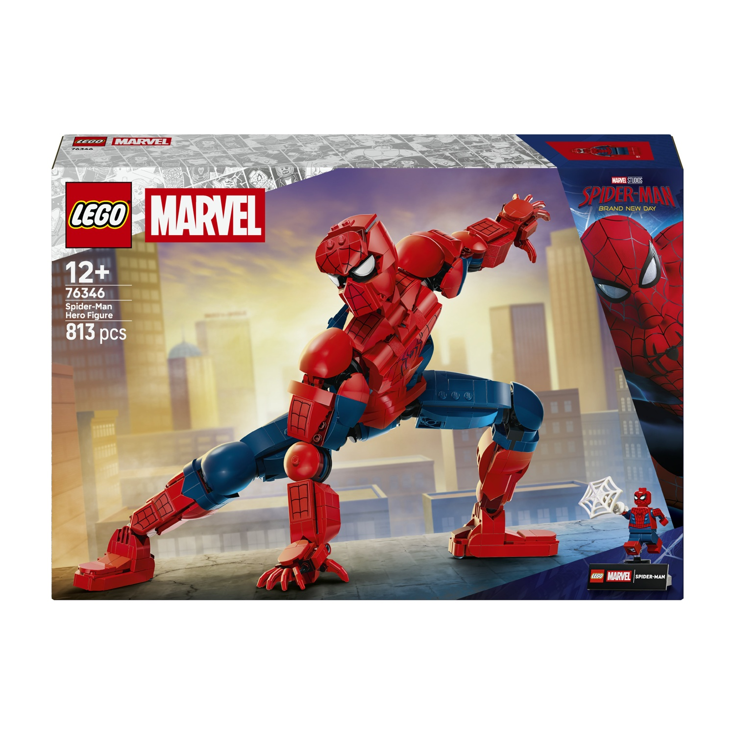 Figura costruibile LEGO Spider-Man e minifigure sullo skyline della città.