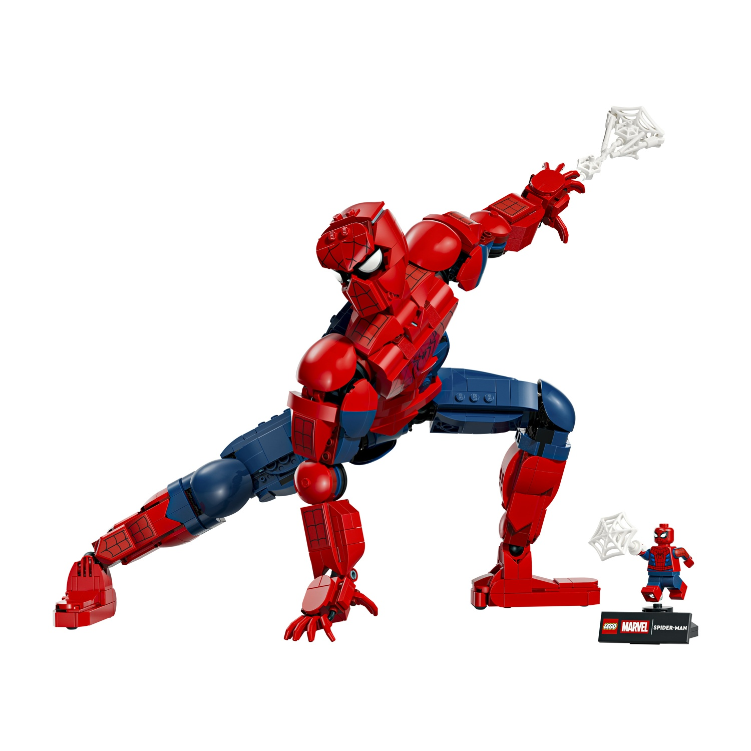 Grande Spiderman LEGO rosso e blu in posa d'azione con ragnatela. Piccola figura LEGO Spiderman vicina.