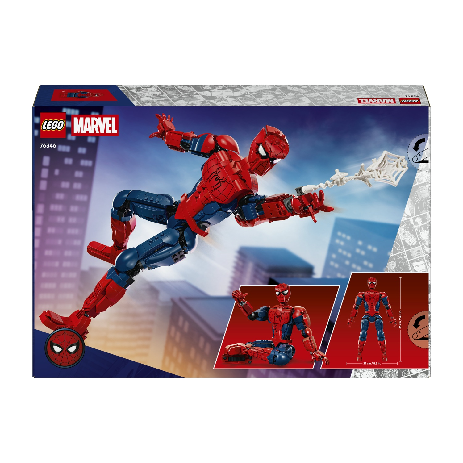 Scatola giocattolo Lego Marvel Spiderman con figura in posa d'azione su sfondo città.