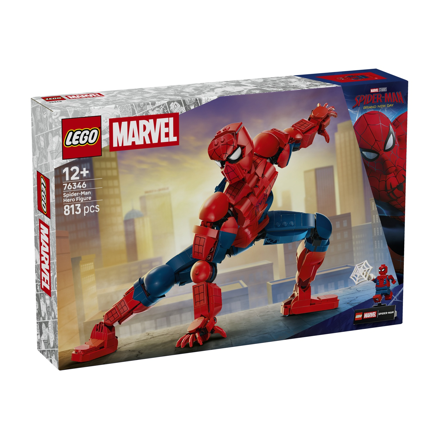 Confezione set LEGO Marvel Spider-Man con figura e sfondo città.