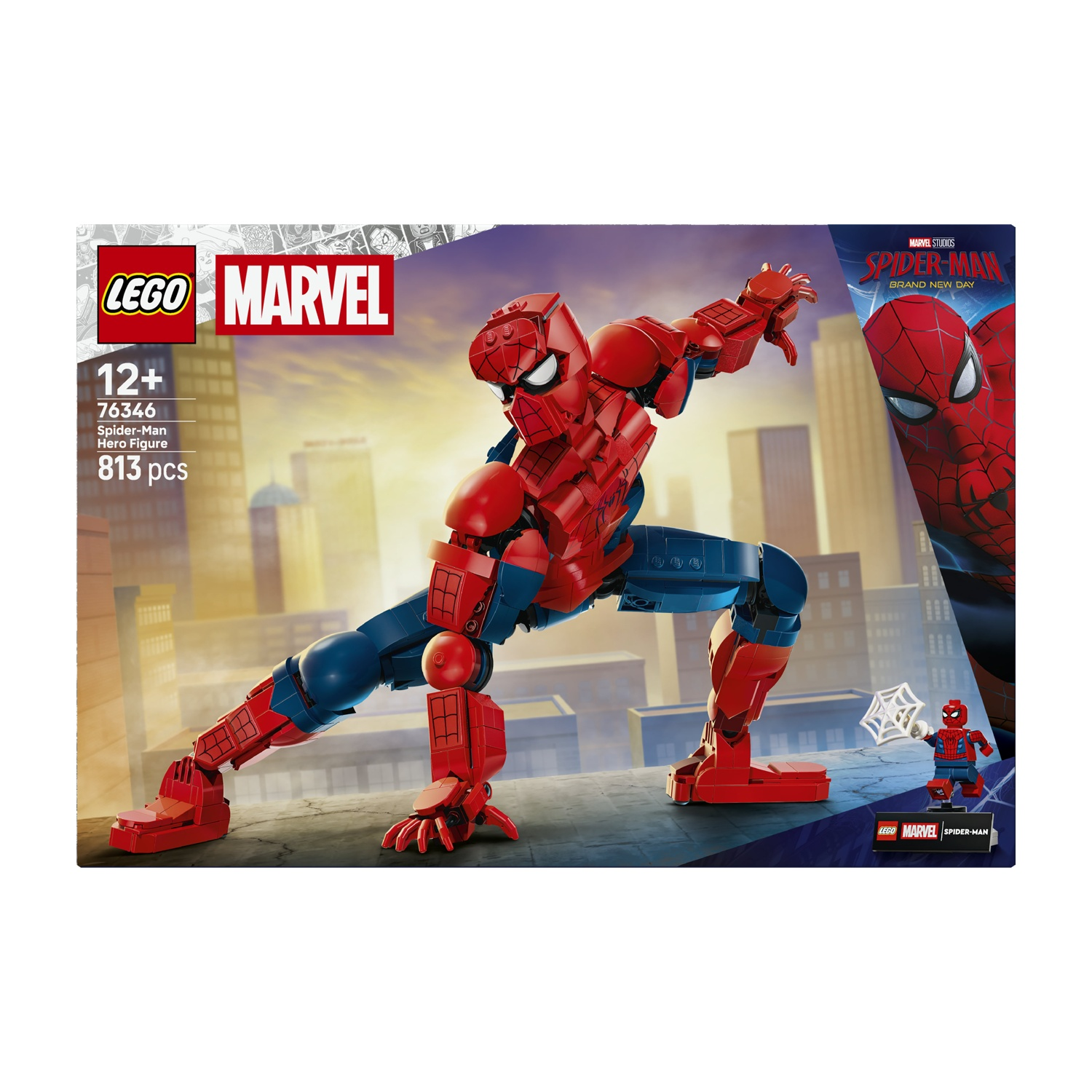 Un set di costruzione Lego di Spider-Man con figura rossa e blu su sfondo cittadino.