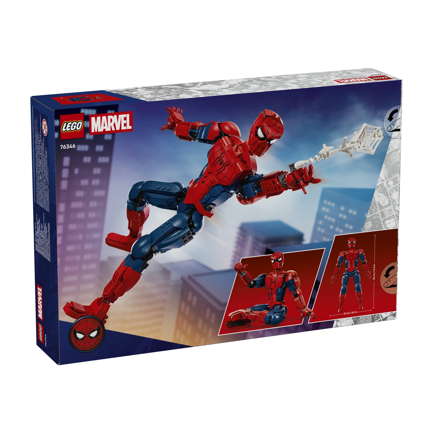 Scatola figura Lego Marvel Spider-Man costruibile, con Spidey in azione su sfondo cittadino.