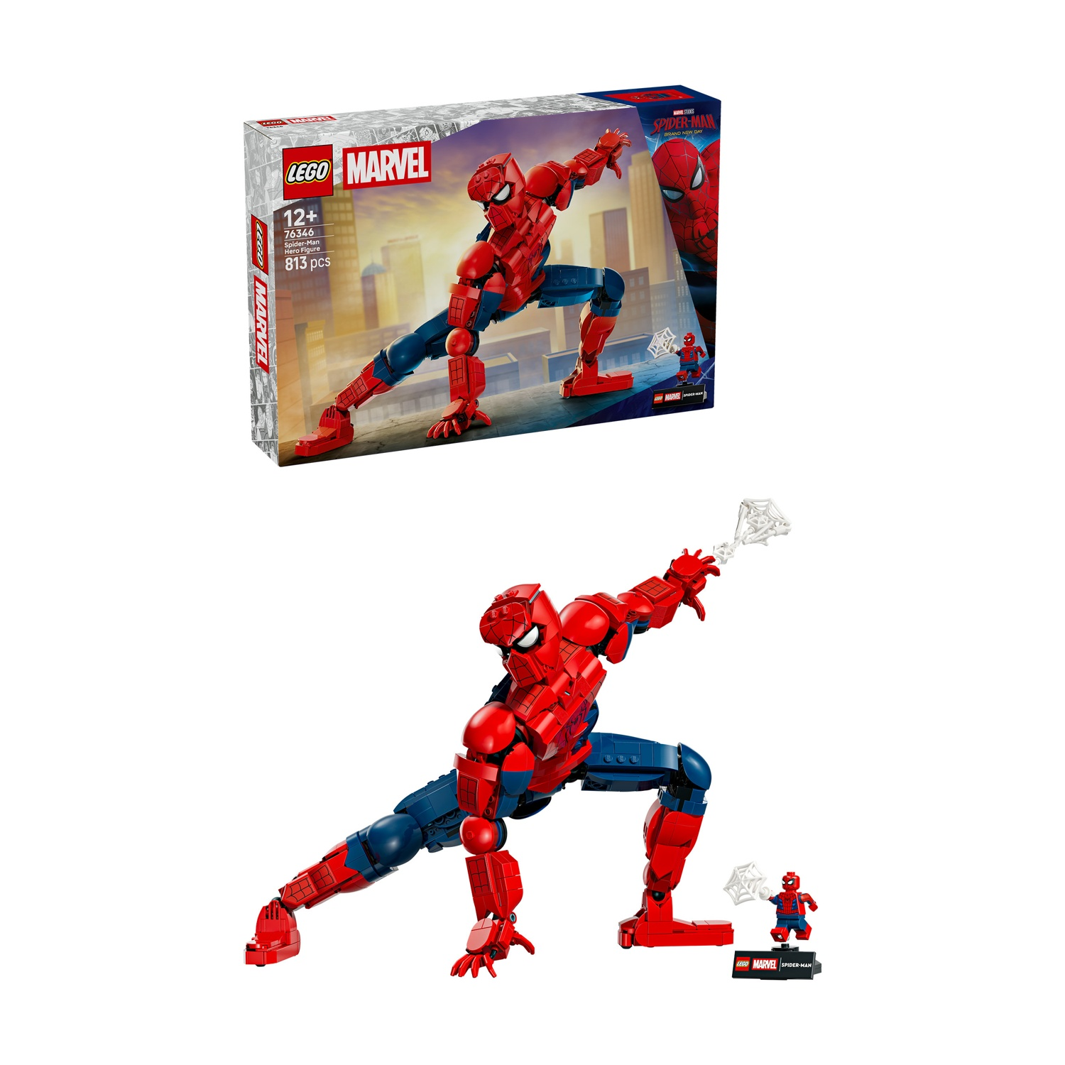 Set scatola e figura Lego di Spider-Man. Figura rossa e blu di Spidey in posa d'azione, con figura più piccola.