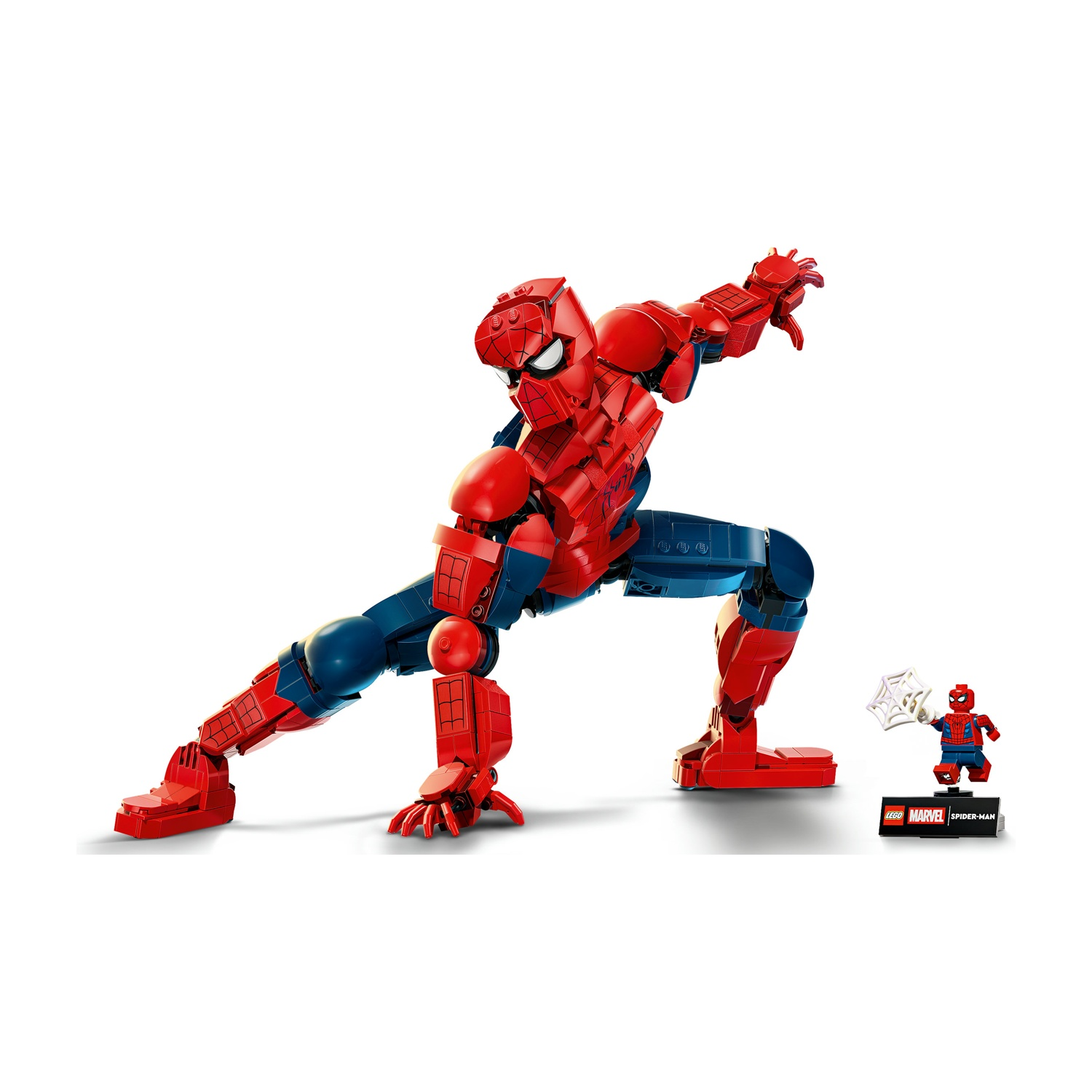 Grande action figure LEGO Spiderman rossa e blu in posa accovacciata. Piccola figura vicina.