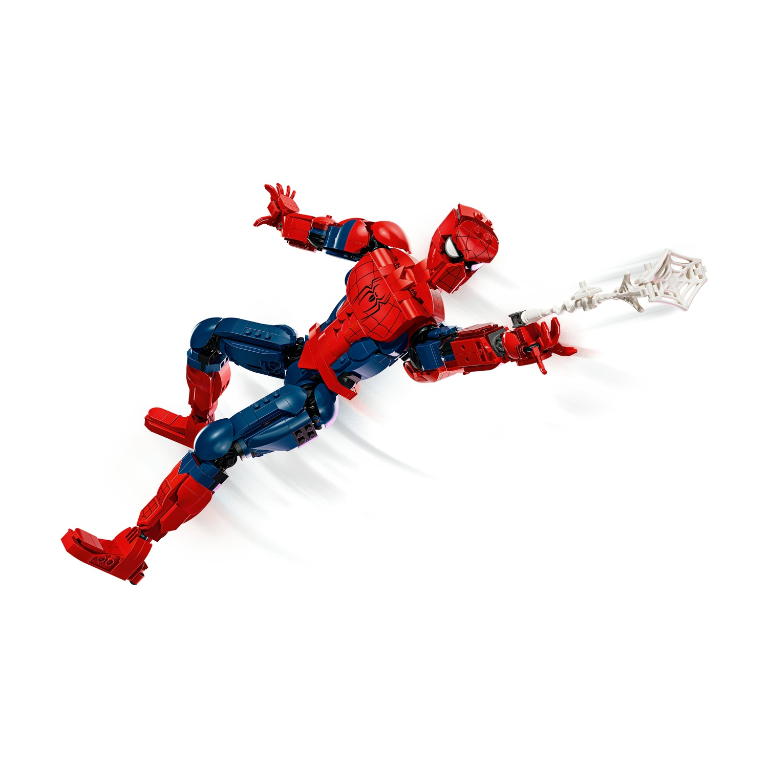 Una figura Lego di Spider-Man rossa e blu in posa dinamica, che tiene uno sparagnatele bianco.