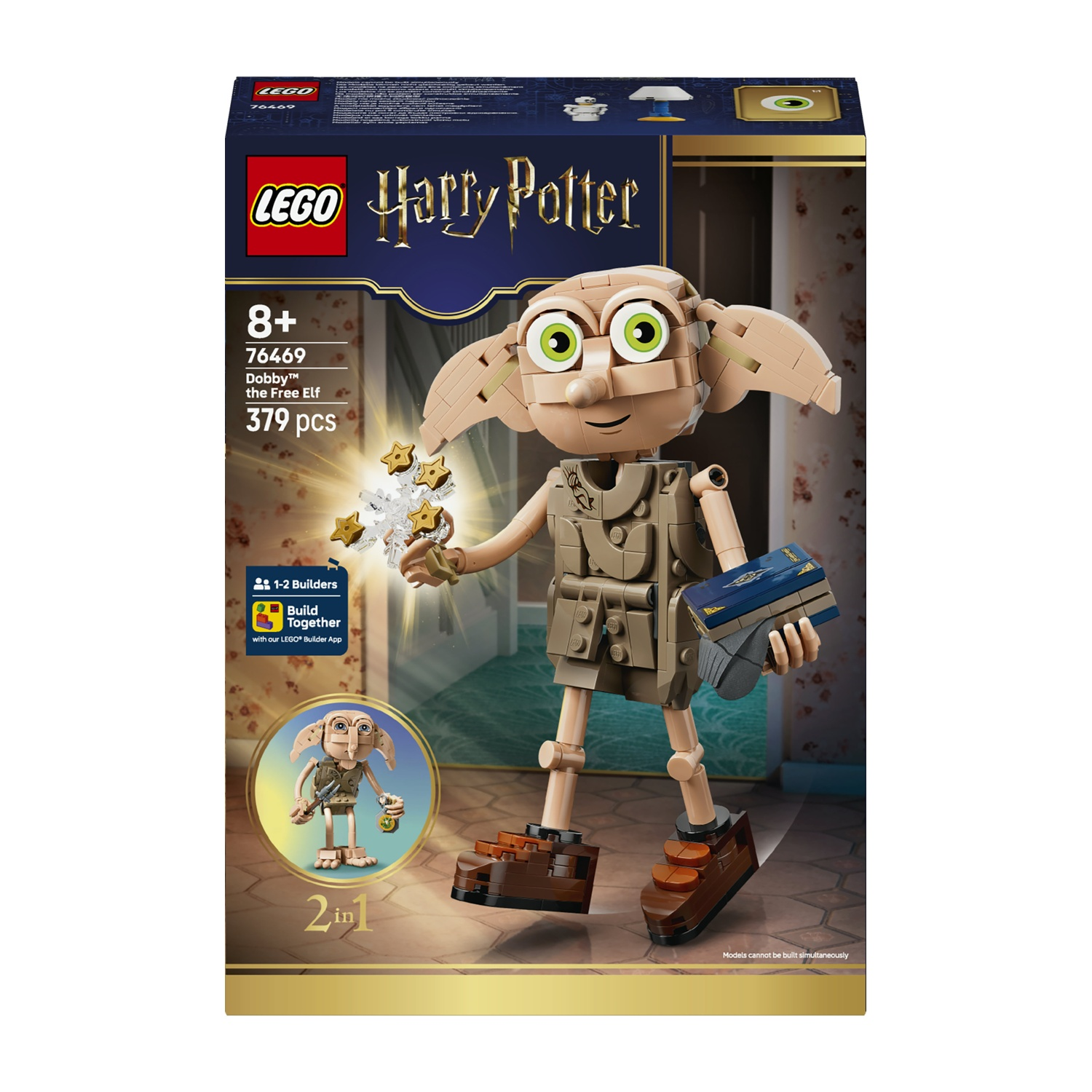 Set LEGO Harry Potter Dobby da 379 pezzi; l'elfo tiene stelle e un libro.
