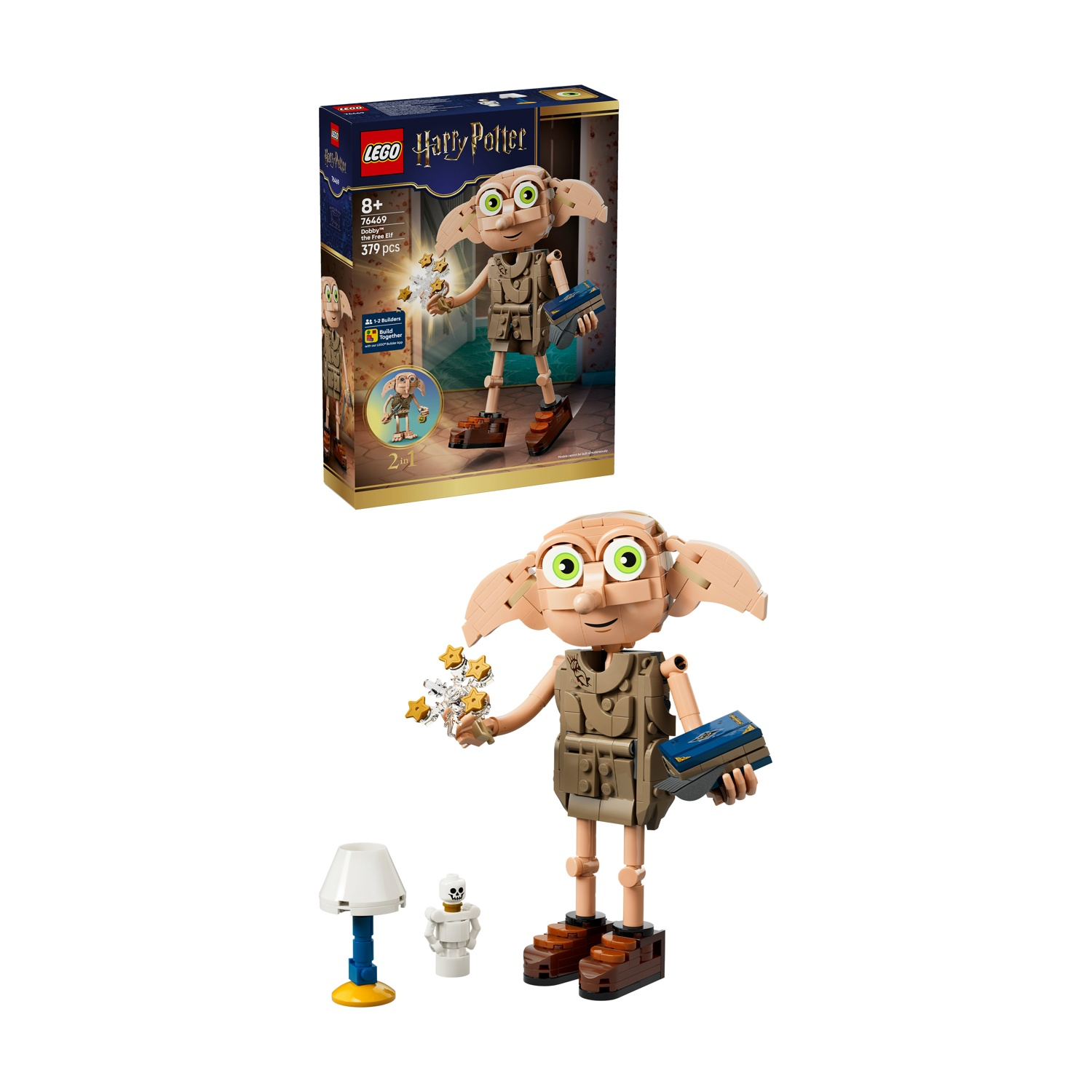 Statua Lego Dobby con snitch dorate e libro, con lampada e piccola figura.
