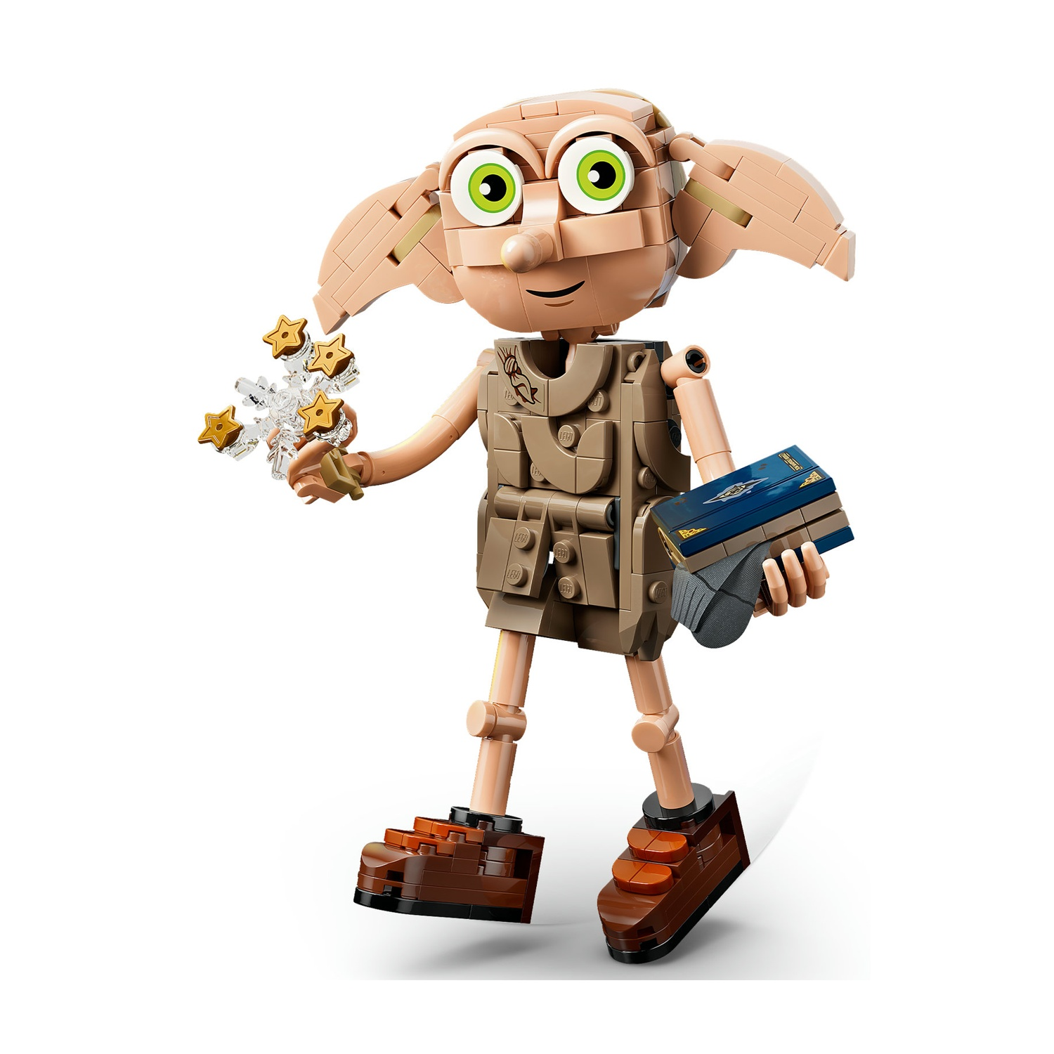 Lego Dobby tiene stelle e un libro. Indossa un gilet e scarpe marroni.