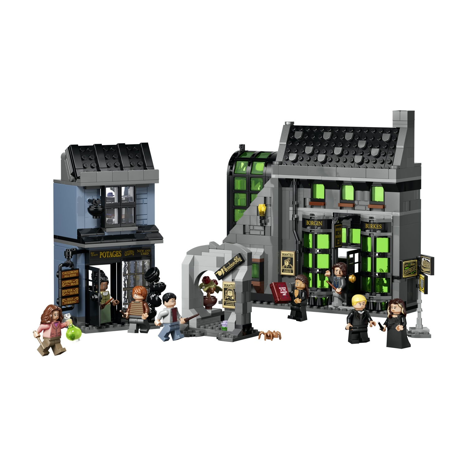 Ricostruzione Lego dei negozi Borgin e Burkes e Potages con figure.