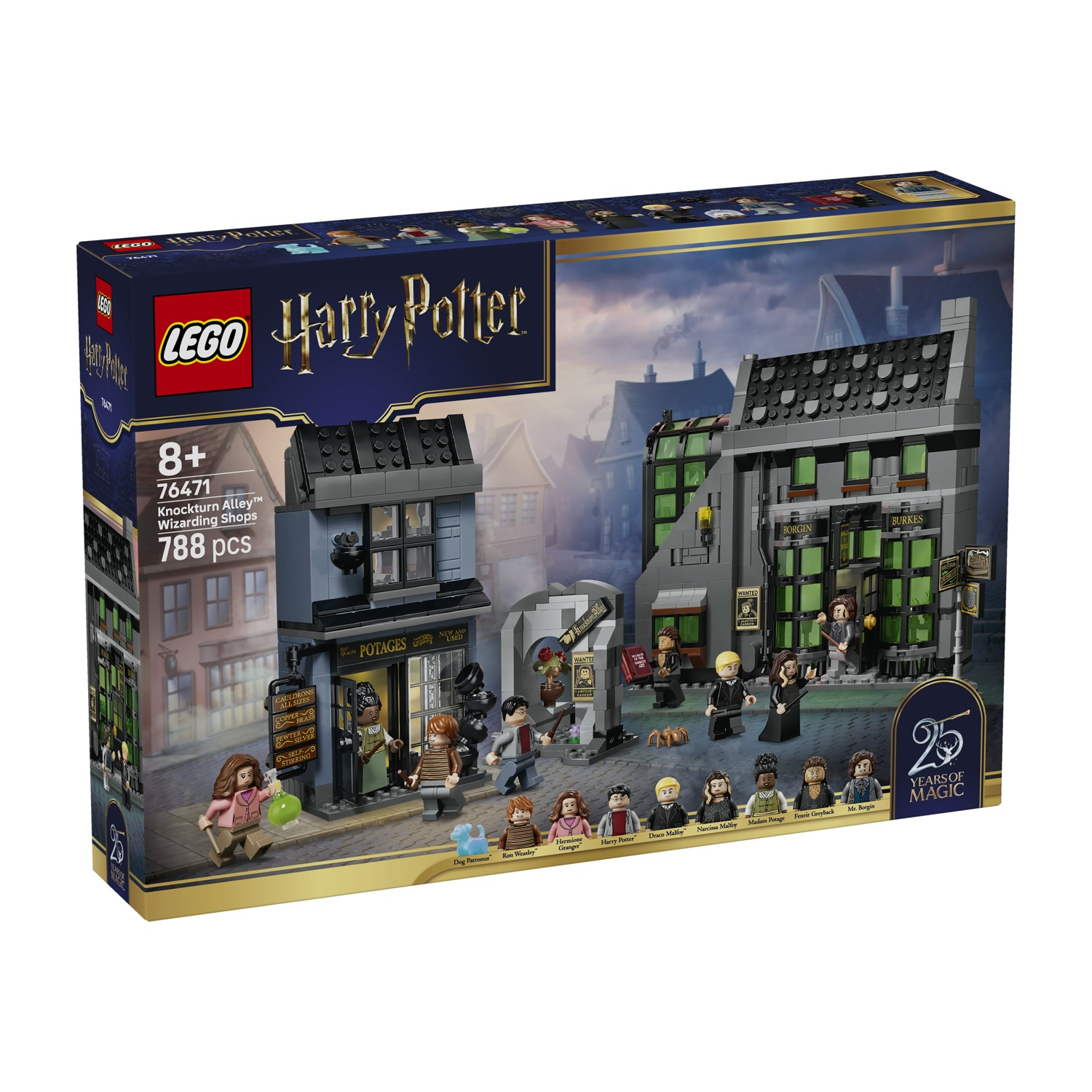 Set LEGO Harry Potter Vicolo Notte con minifigure e negozi.