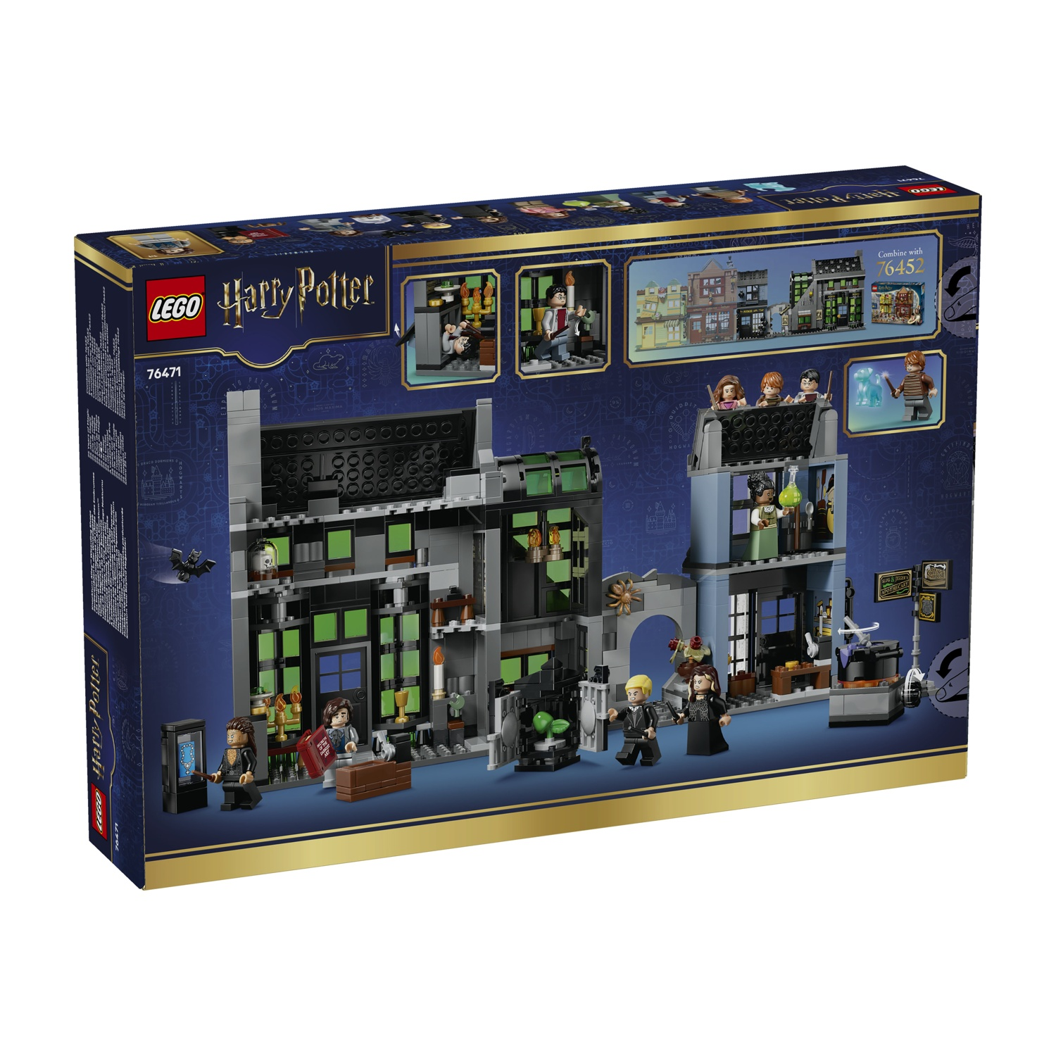 Il set Lego Harry Potter 76471 mostra scatola dettagliati edifici e minifigure.