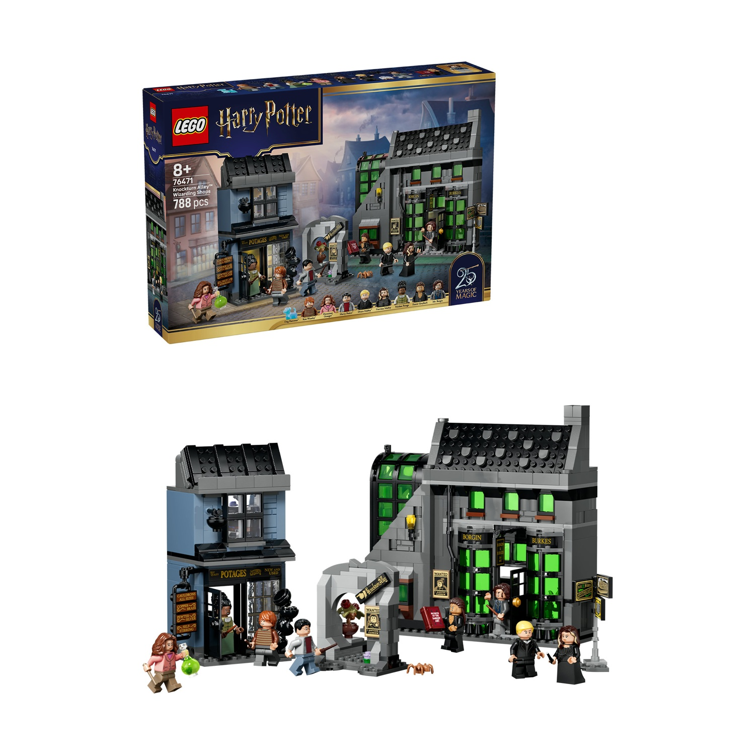 Set LEGO Harry Potter Vicolo dei Melegane con figure e negozi.