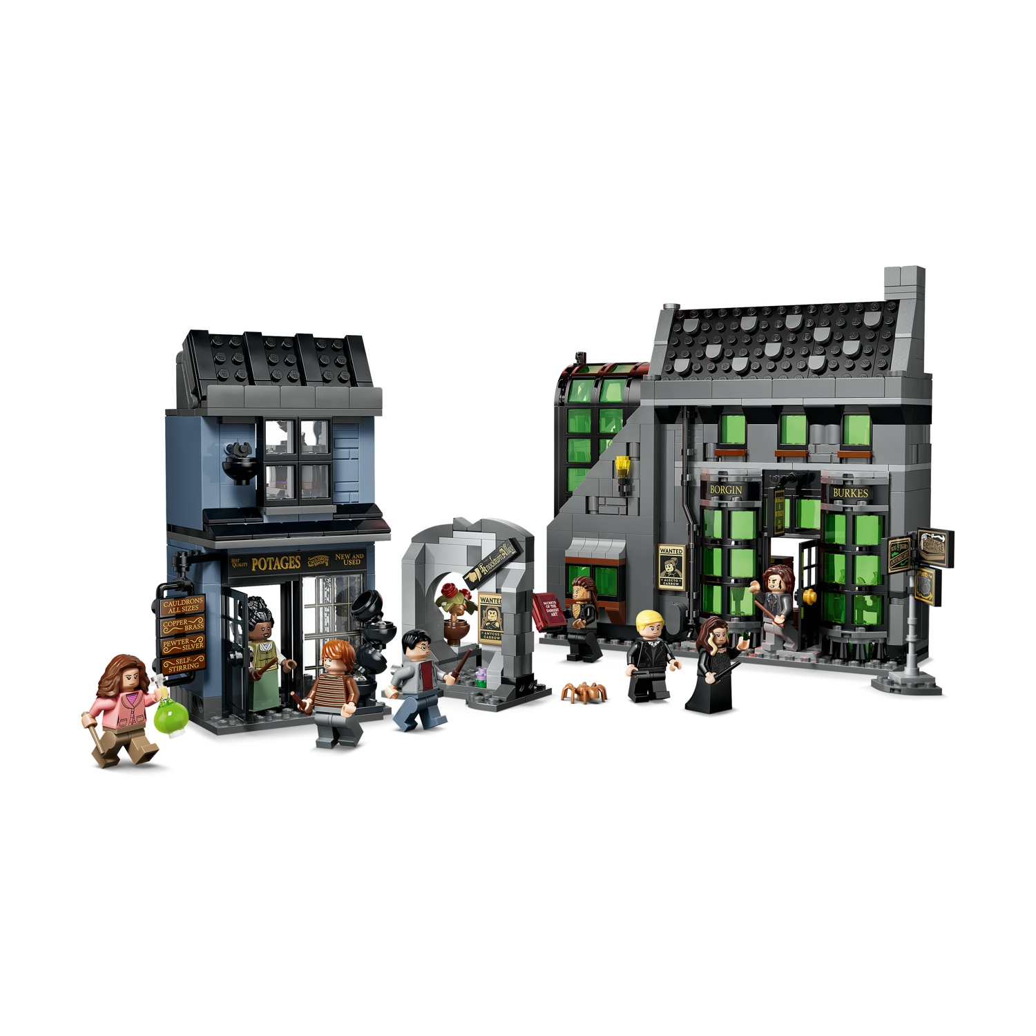 Modello LEGO dei negozi Borgin & Burkes e Potages con figure.