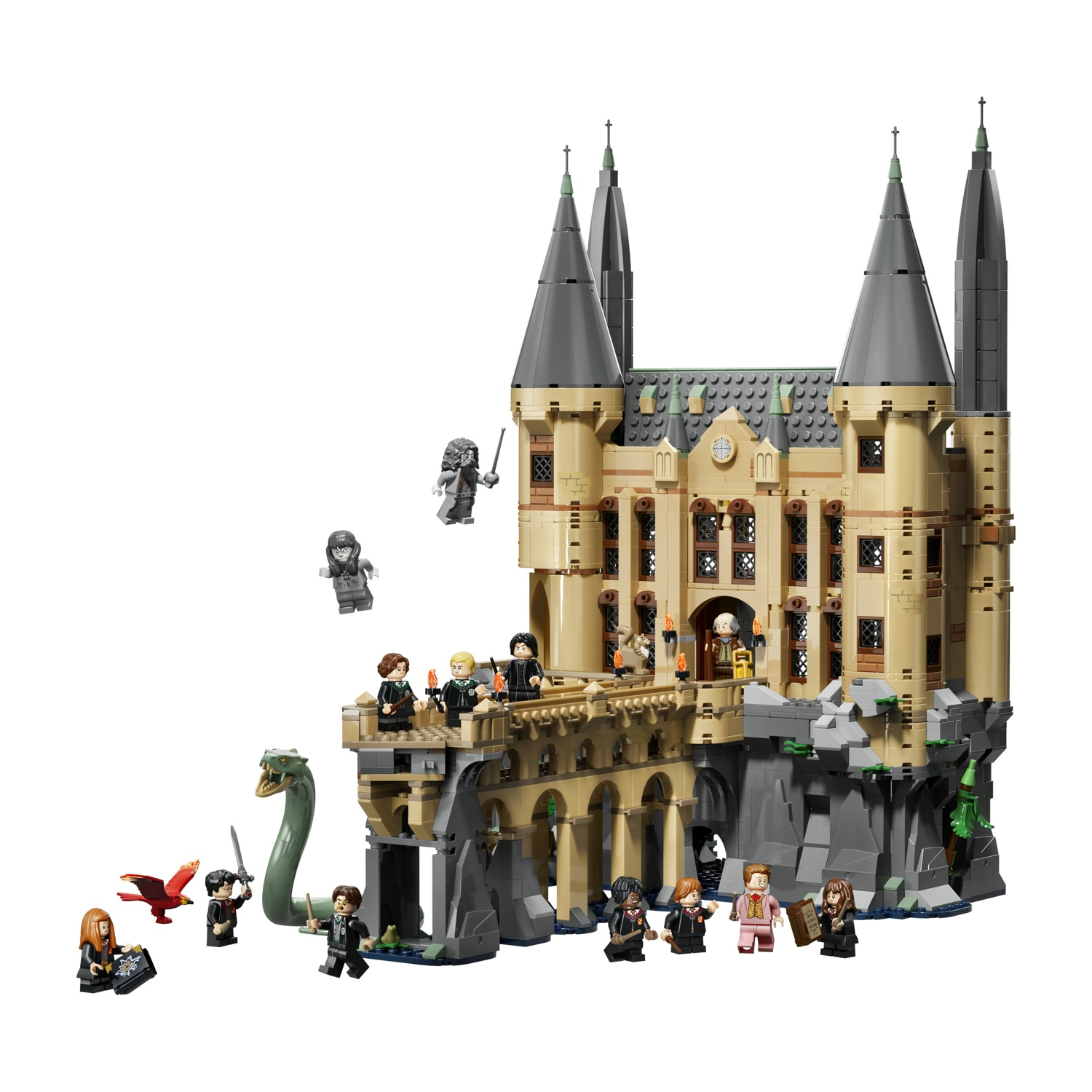 Castello Lego di Hogwarts con minifigure di Harry Potter, un drago e un serpente.