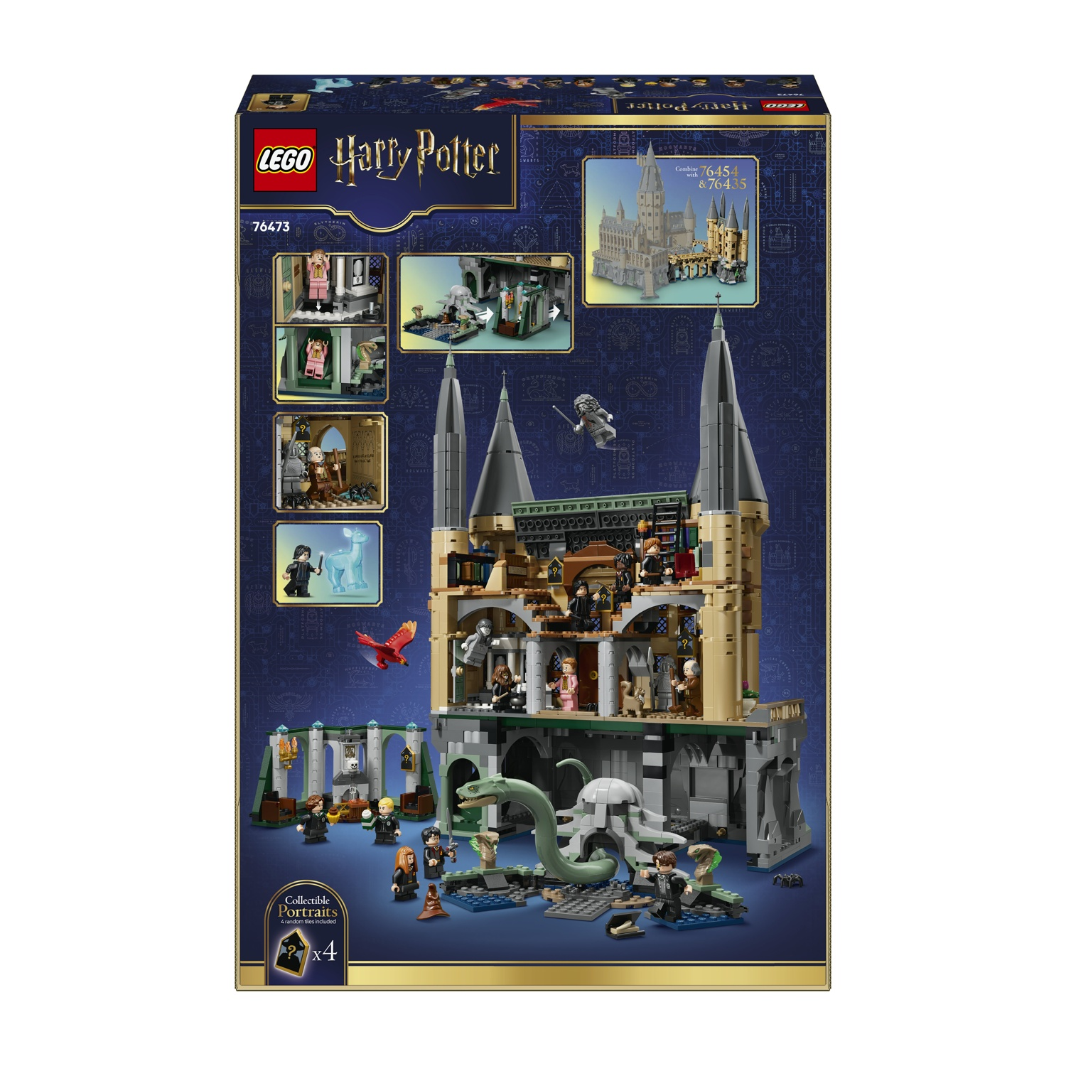 Set LEGO Harry Potter con castello e figure, inclusi elemento serpente e fenice.