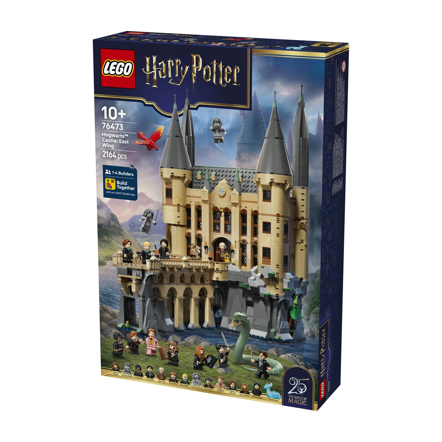 Scatola set Lego Harry Potter Castello di Hogwarts Ala Est con figure e modello.