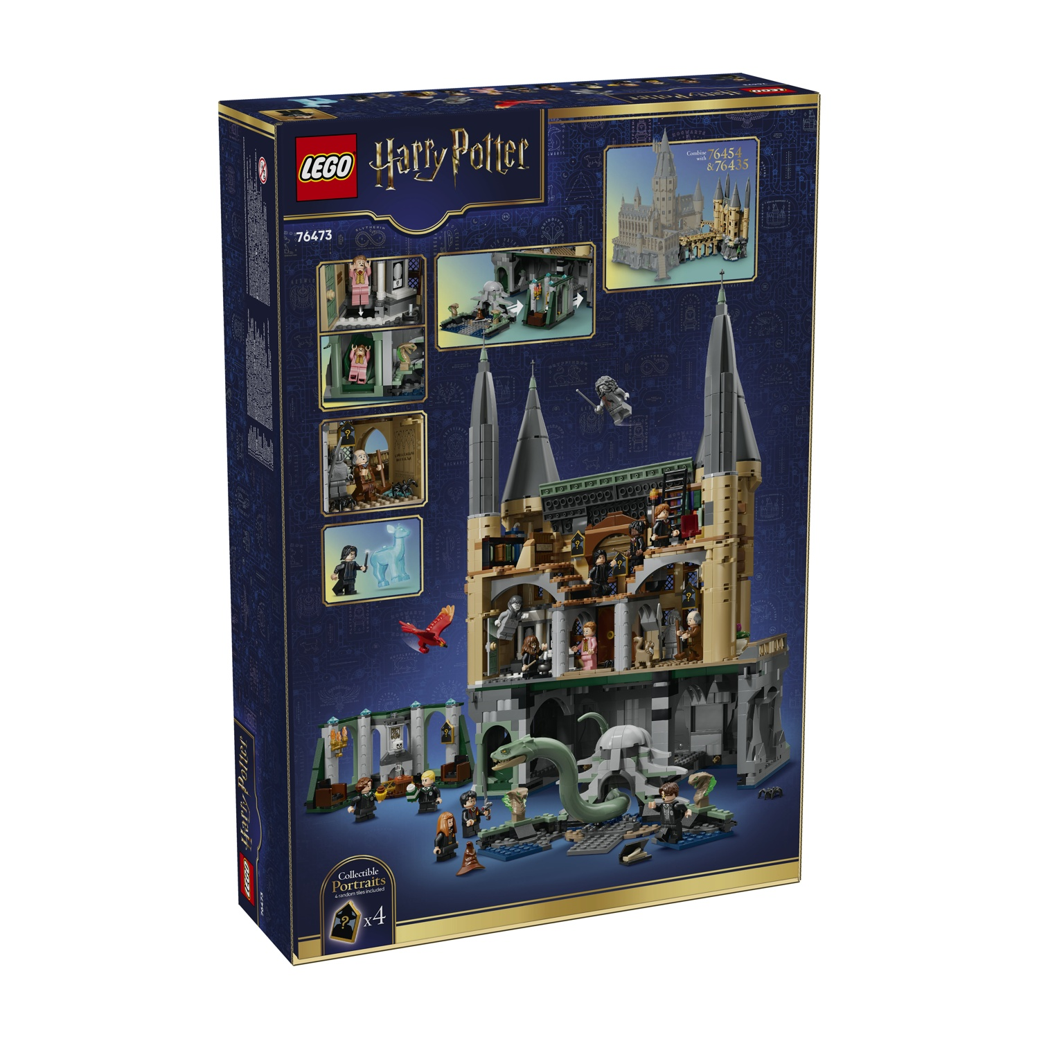 Scatola del set LEGO Harry Potter con modello di castello, figure e serpente.
