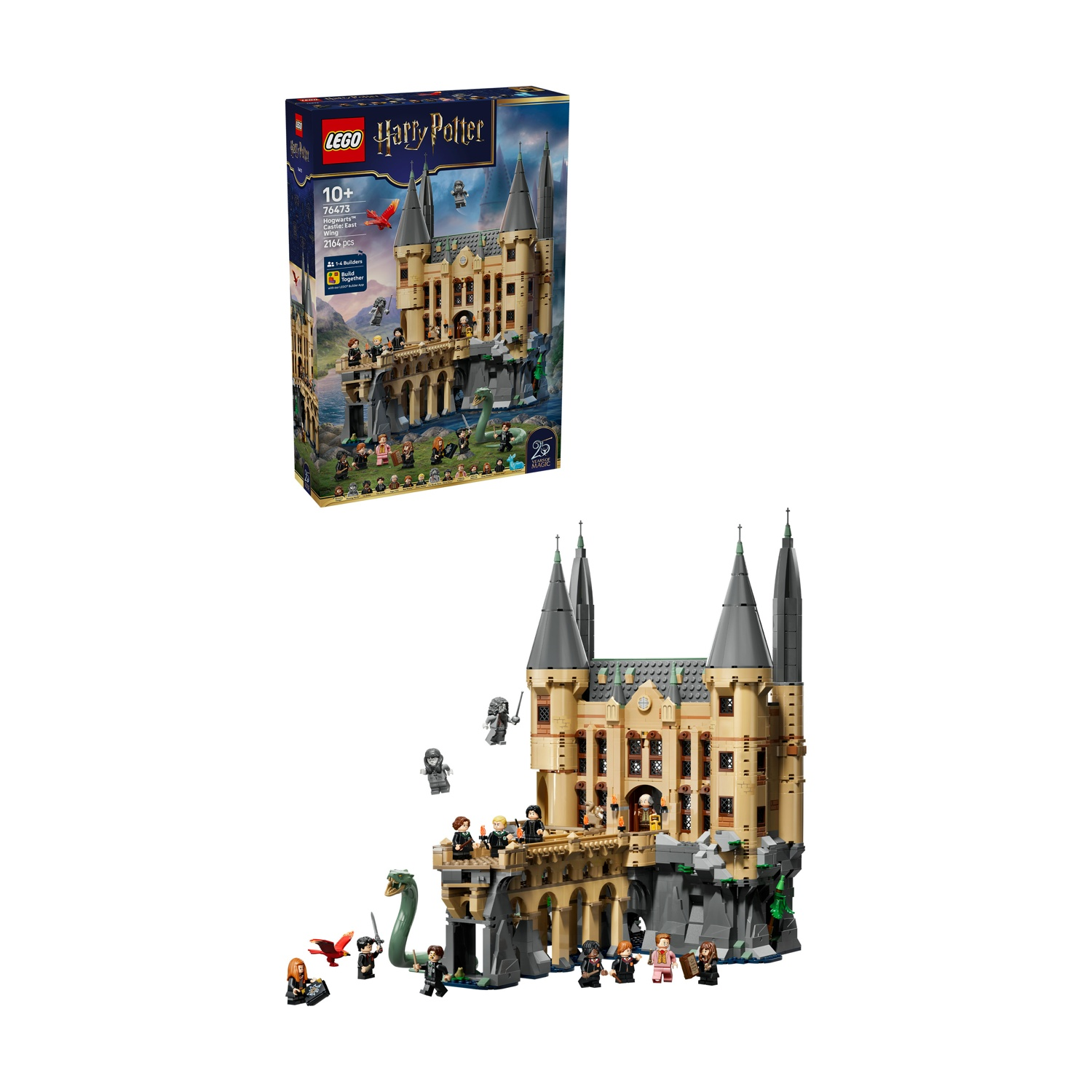 Set LEGO Harry Potter Ala Est Castello di Hogwarts con figure e un drago.