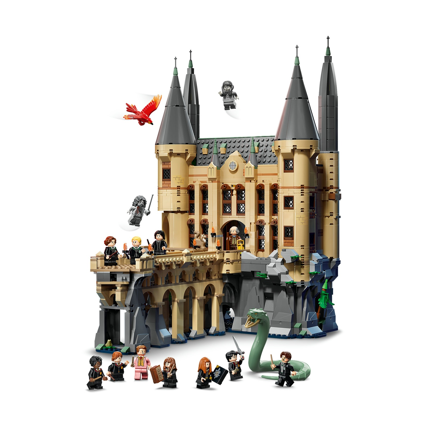 Castello Lego di Hogwarts con figure, un drago e un serpente.