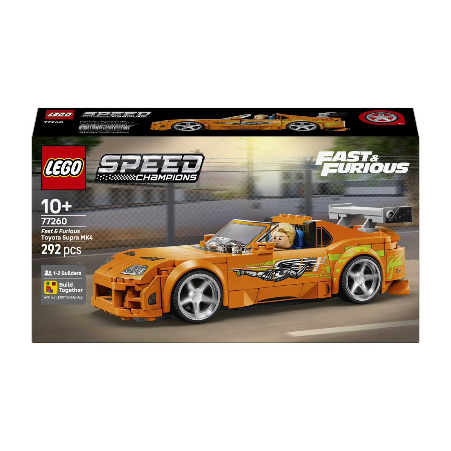 Set LEGO Fast & Furious Toyota Supra MK4 con conducente. Auto arancione con decalcomanie.