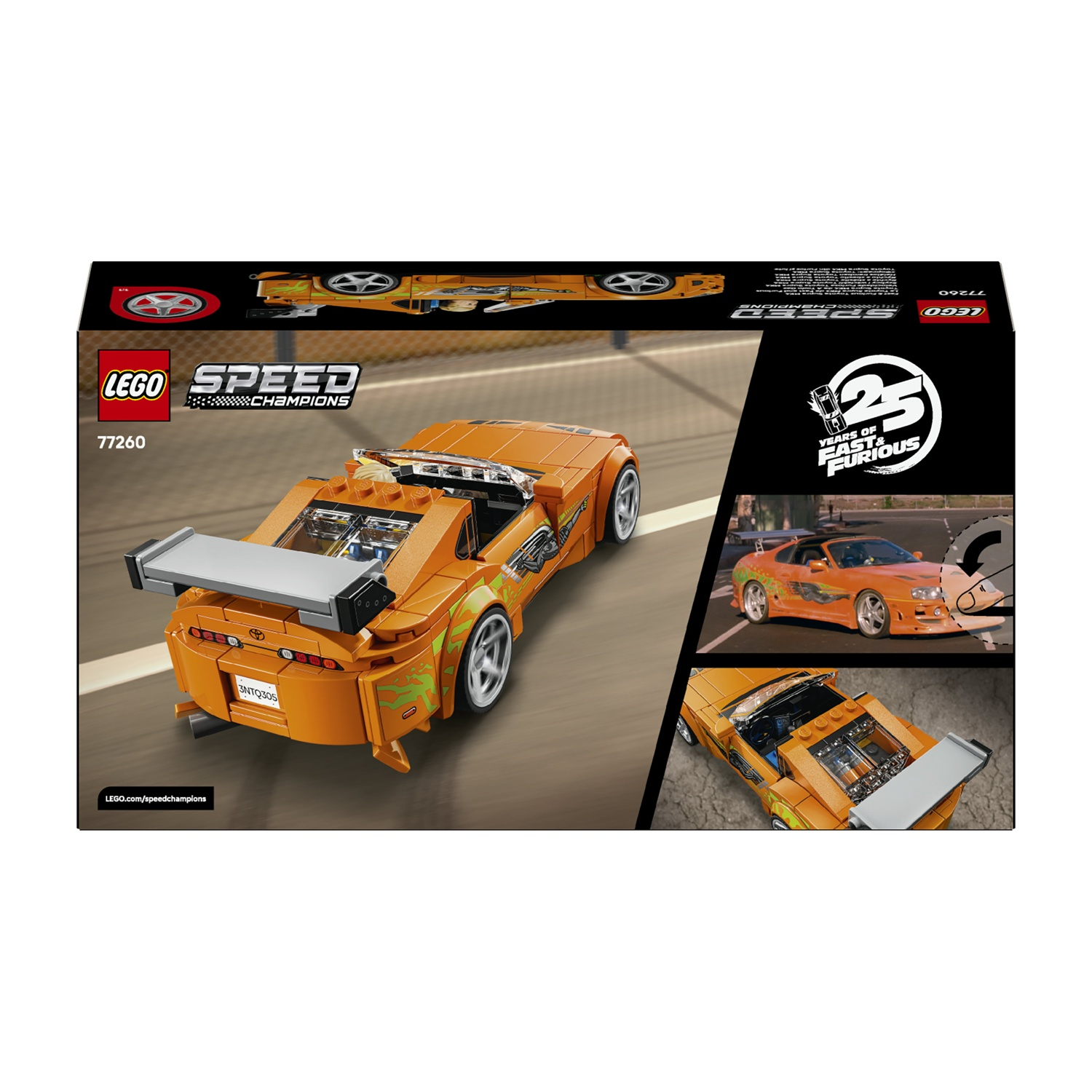 Auto LEGO arancione con logo "Fast & Furious" e spoiler su pista.