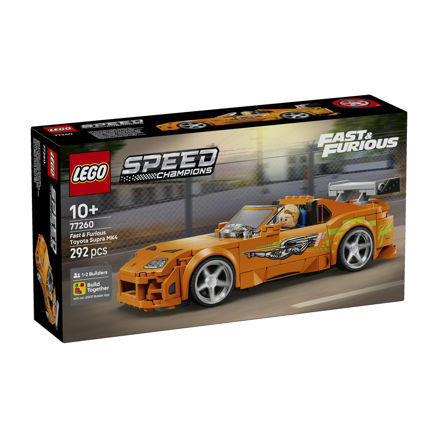 Set LEGO Fast & Furious Toyota Supra MK4 con auto arancione e pilota.
