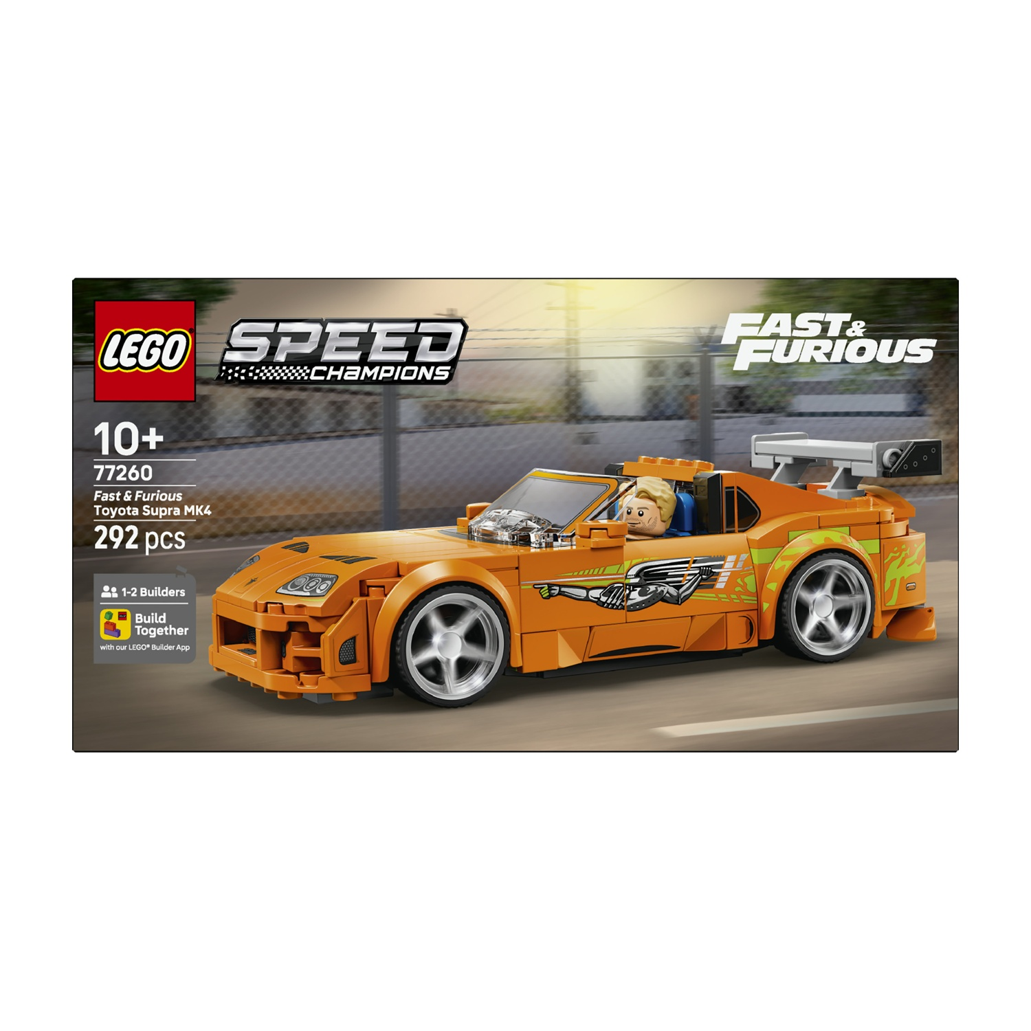 Un'auto sportiva Lego arancione con un pilota, che pubblicizza il set 77260.