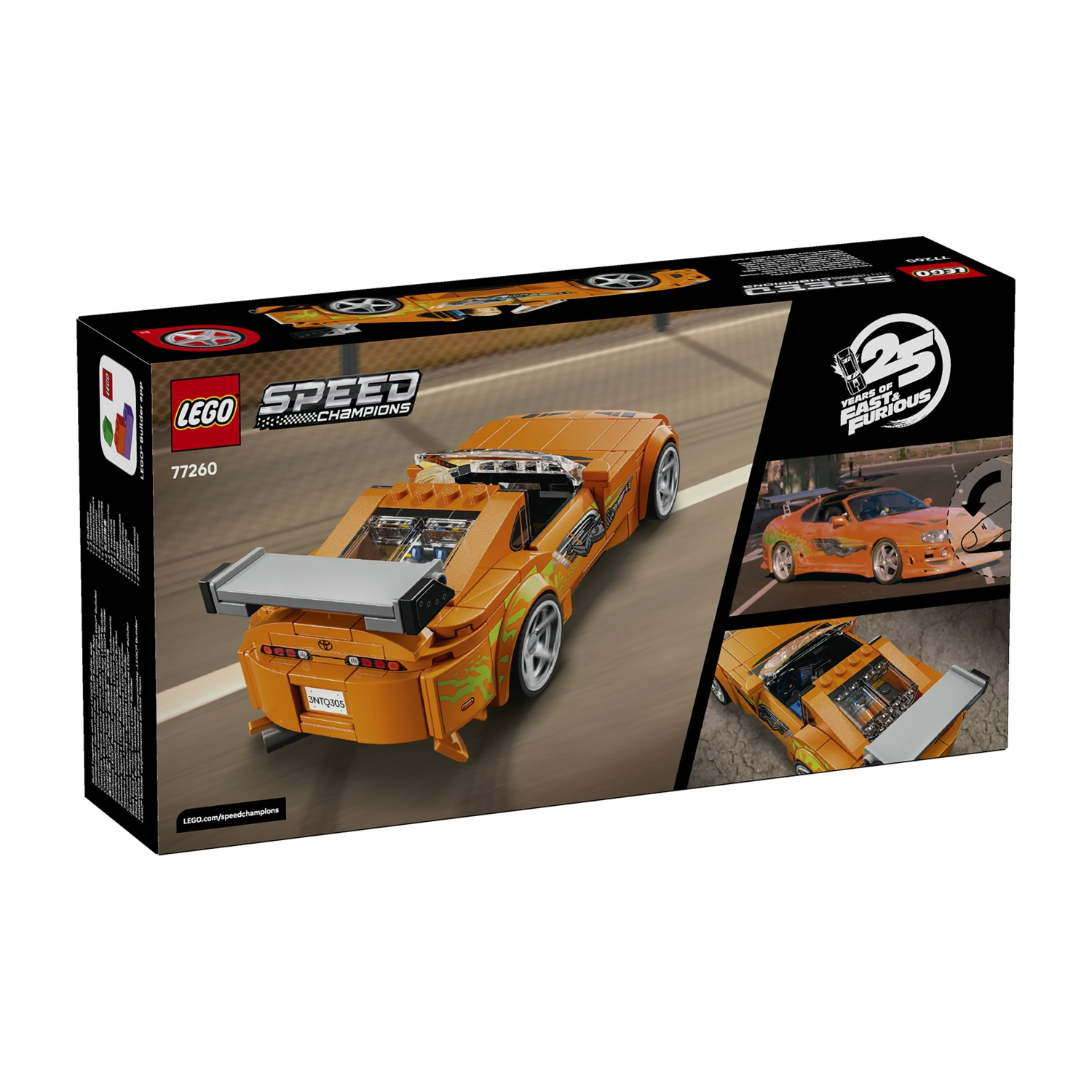 Supra arancione LEGO Speed Champions Fast & Furious in pista.