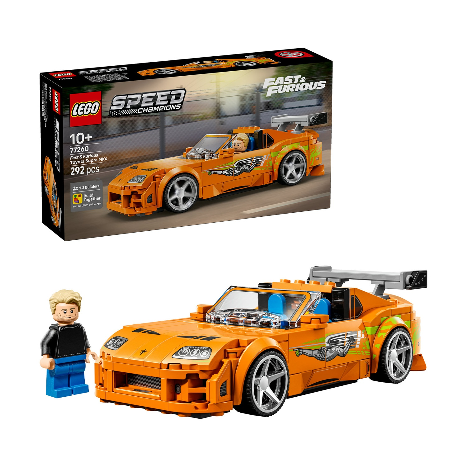 LEGO Toyota Supra MK4 arancione con minifigure e scatola.