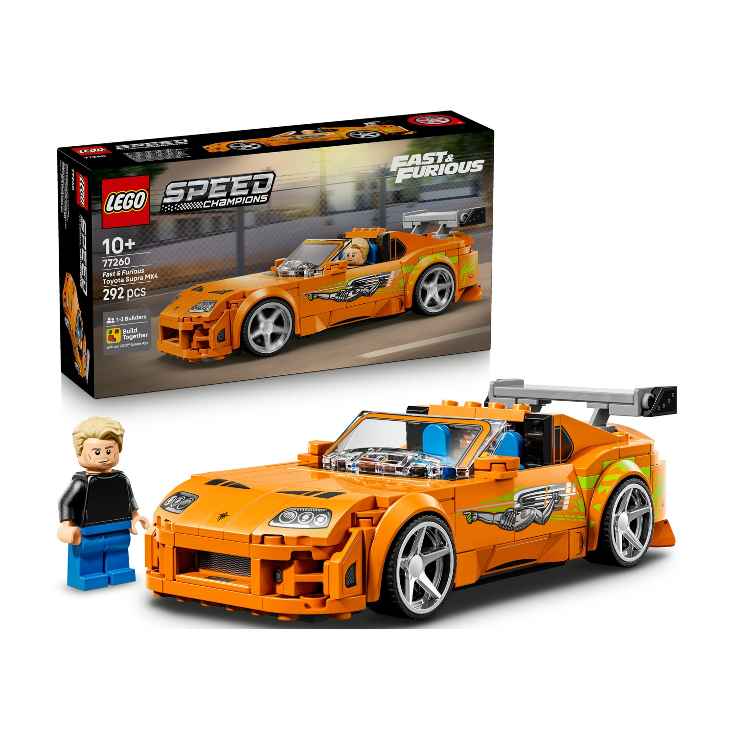 Modellino Lego della Toyota Supra MK4 arancione di Fast & Furious con minifig.