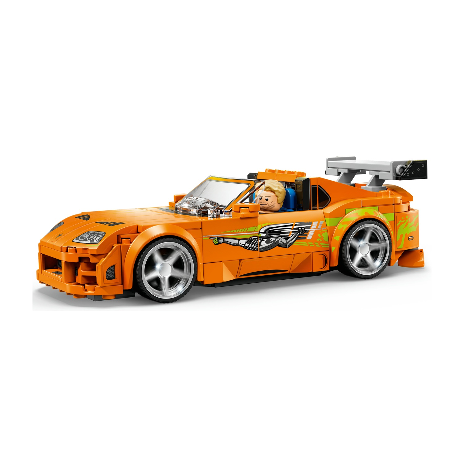 Auto Lego arancione con spoiler e autista, sfondo bianco.