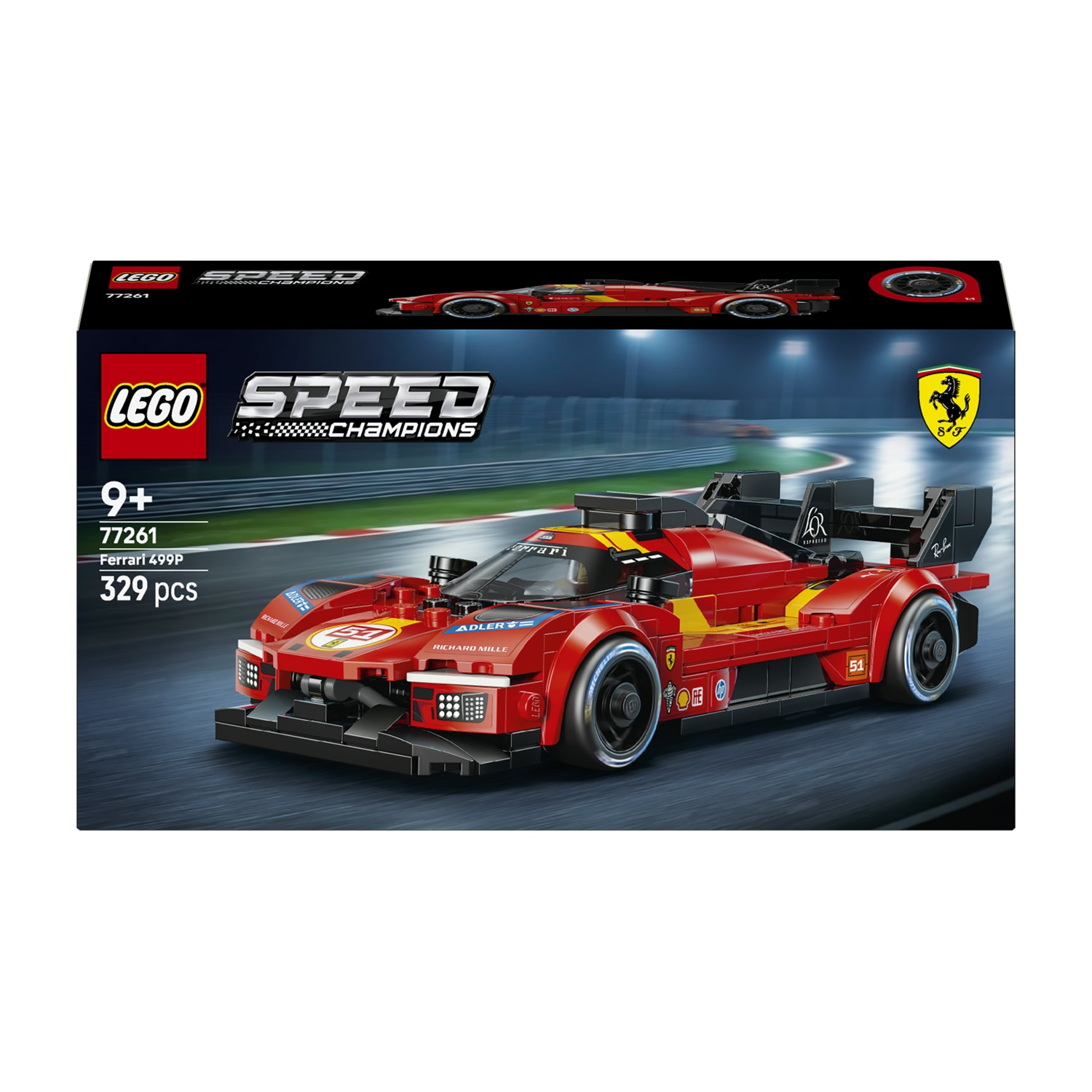 Un'auto rossa Lego Ferrari 499P su una pista da corsa, parte della serie Speed Champions.