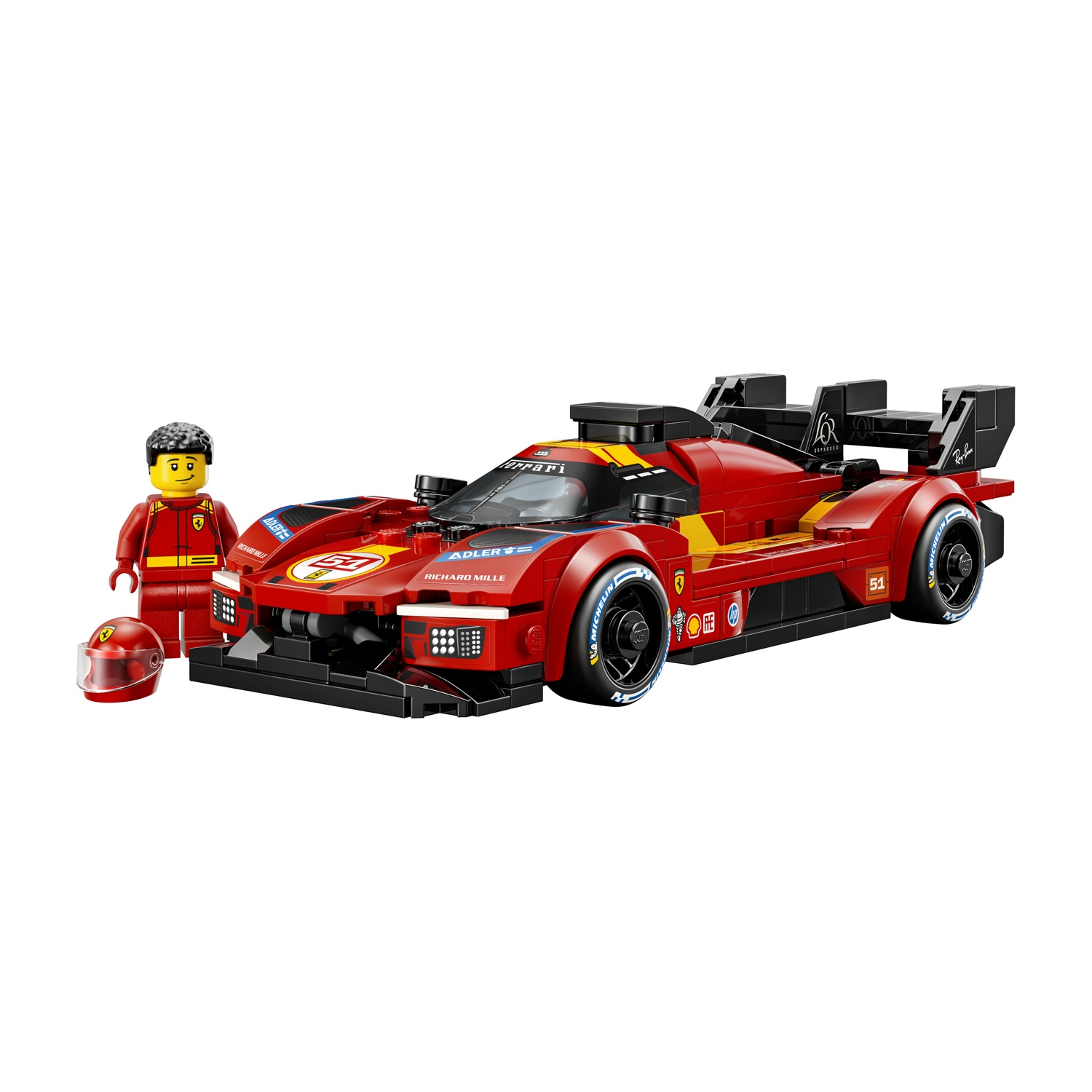 Una macchina da corsa Lego rossa con strisce gialle e una figura di pilota accanto.