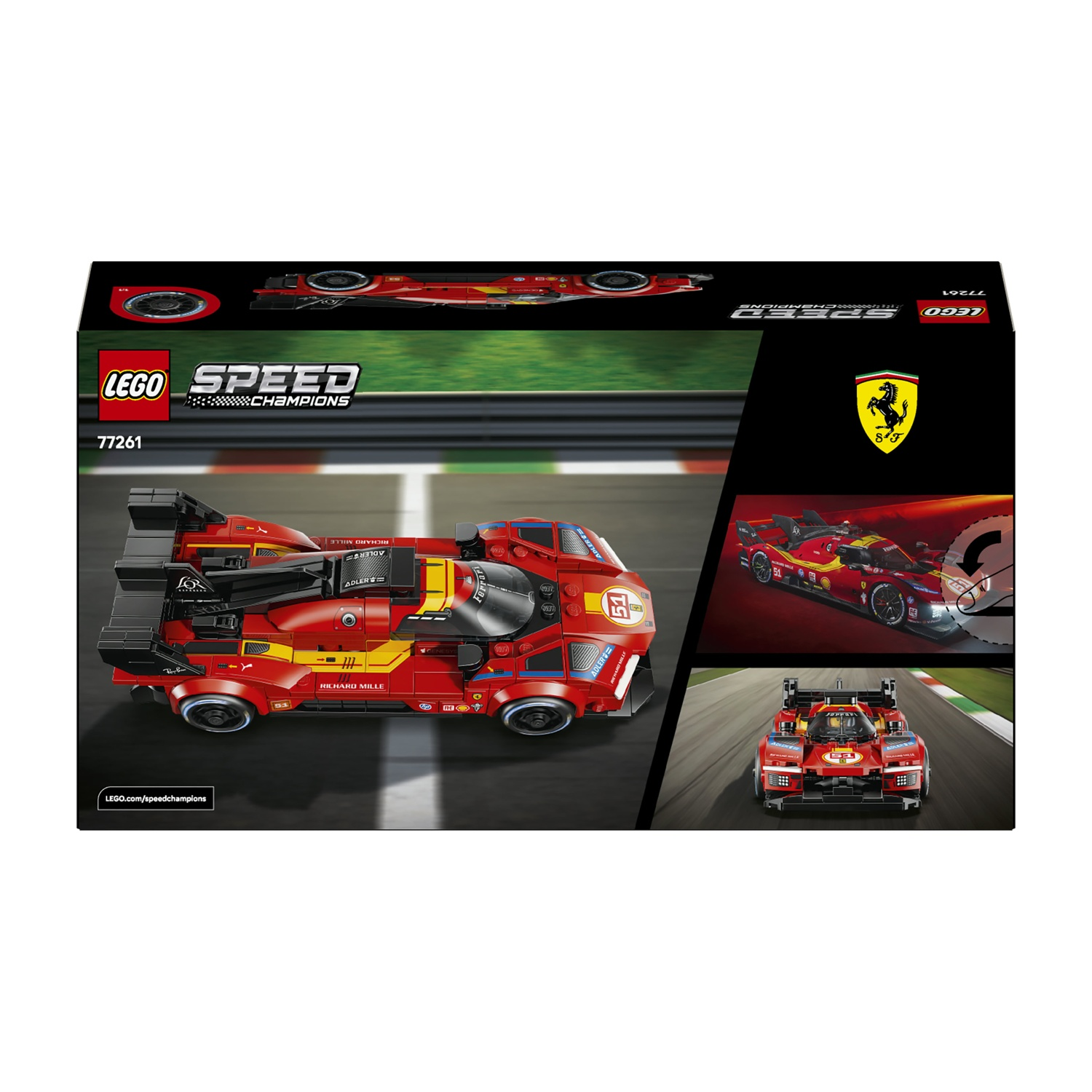 Modellino auto da corsa Ferrari Lego Speed Champions su sfondo nero.