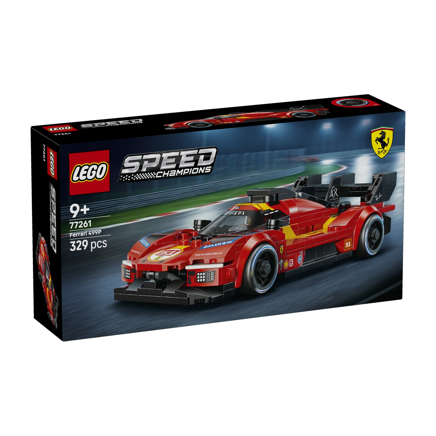 Set LEGO Speed Champions Ferrari 499P con auto da corsa rossa su sfondo scuro.