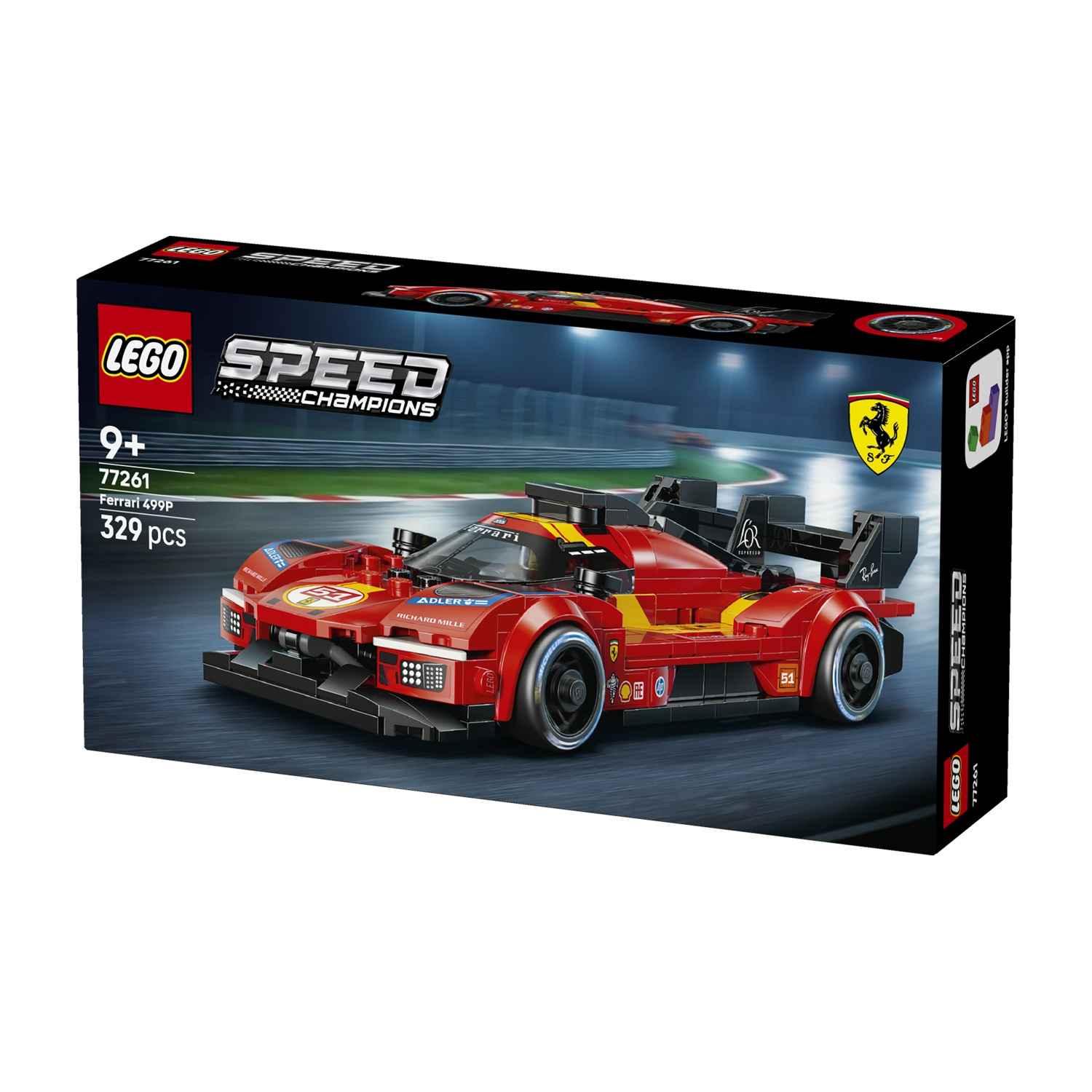 Scatola Lego Speed Champions Ferrari 499P. Modello auto da corsa rossa su sfondo pista.