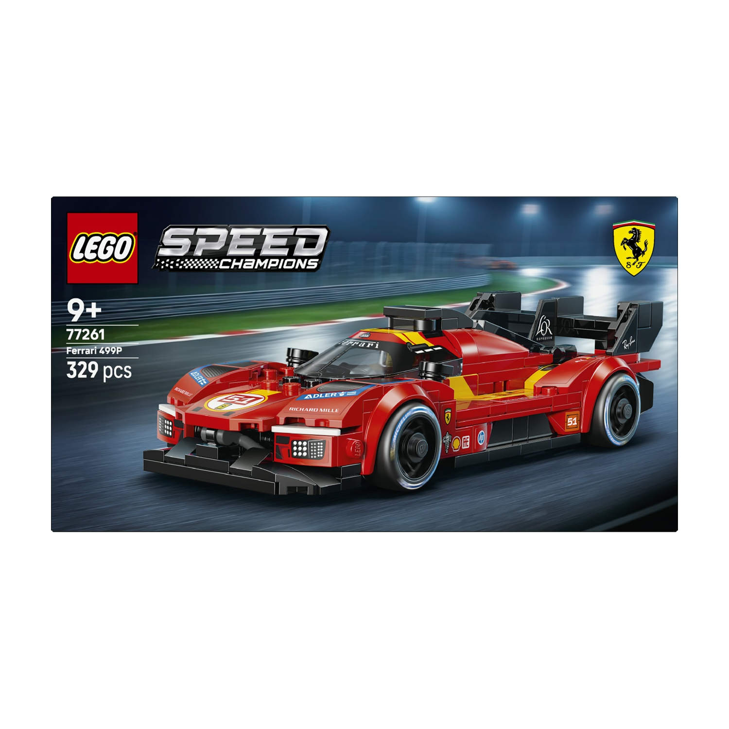 Auto da corsa Lego Ferrari rossa con strisce gialle su pista.