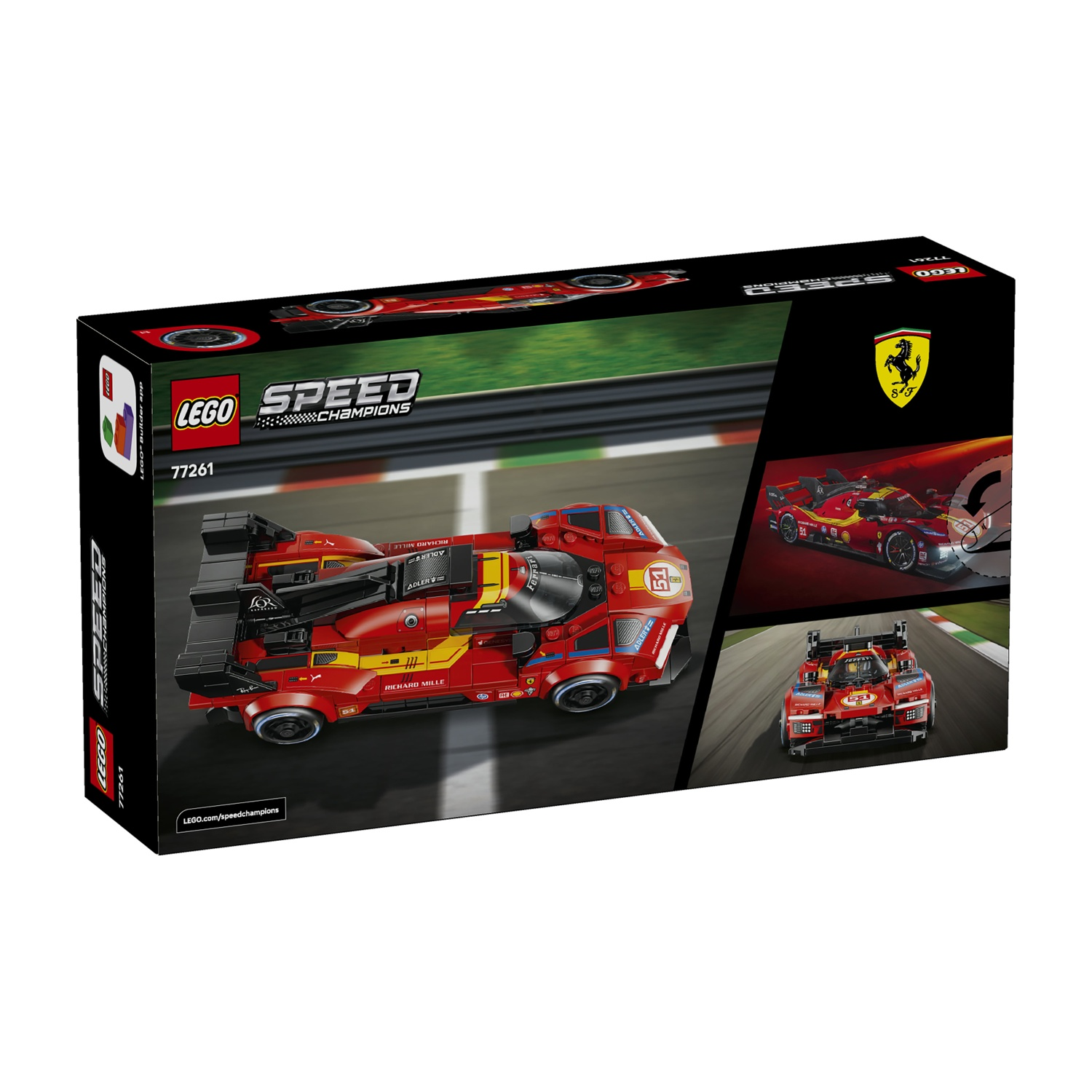 Scatola di un'auto da corsa LEGO Ferrari rossa e gialla con decalcomanie sponsor.