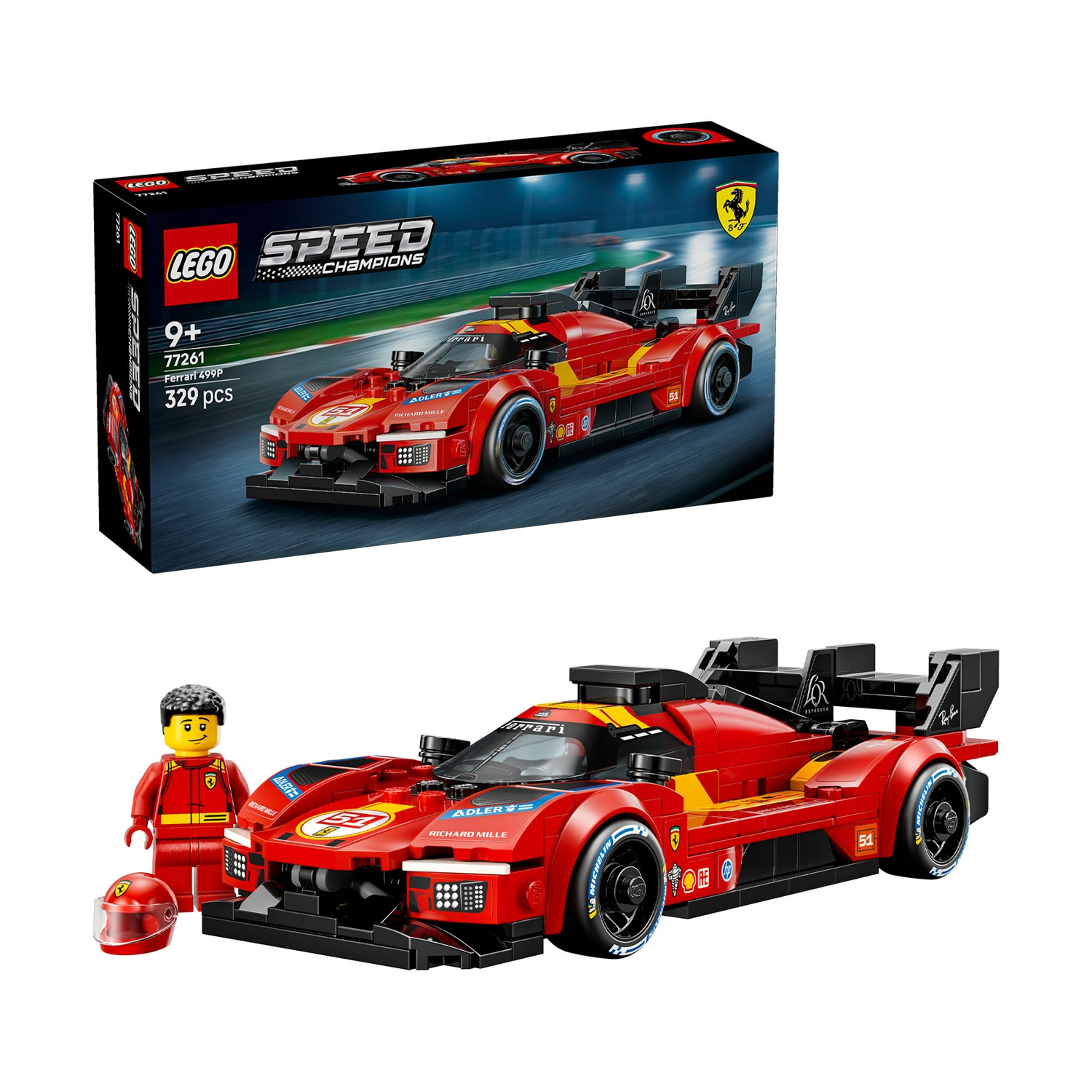 Una macchina da corsa rossa Lego Ferrari con pilota e casco, più la scatola.