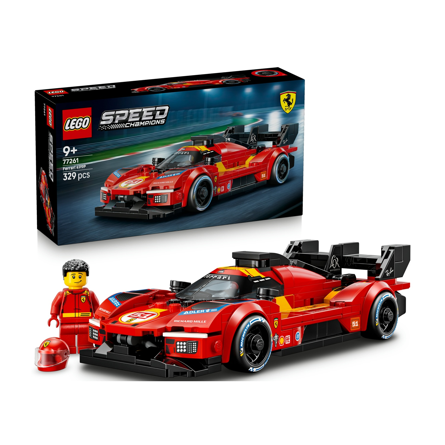 Una Ferrari da corsa Lego rossa con pilota e casco accanto.
