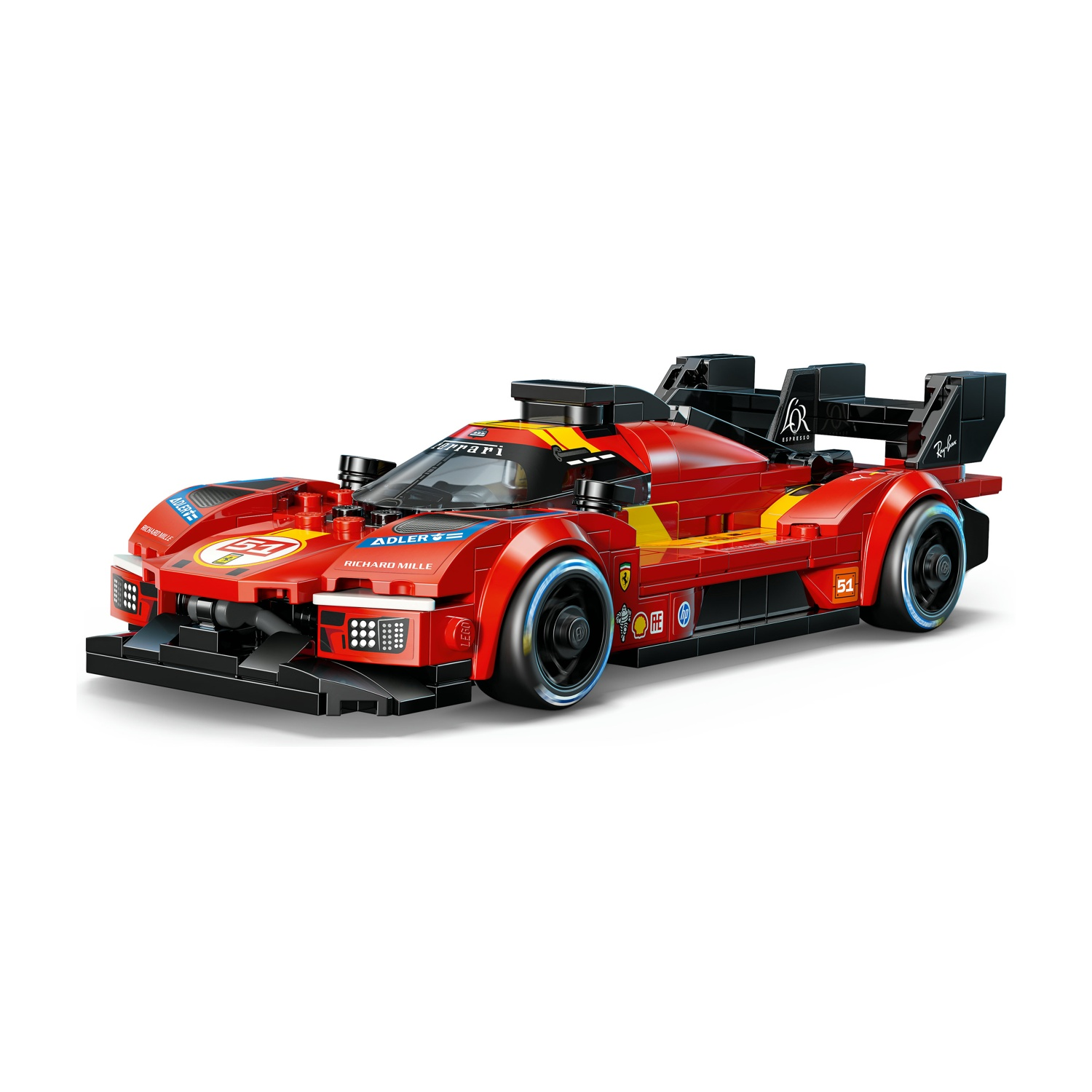 Una macchina da corsa Lego rossa con ali e decalcomanie nere.