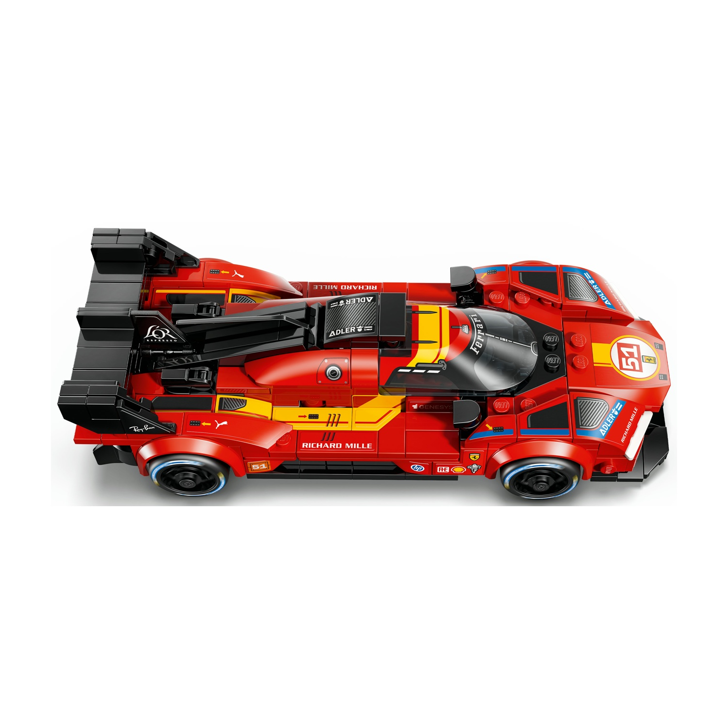 Auto da corsa Ferrari rossa Lego con ali nere, strisce gialle e numero 51.