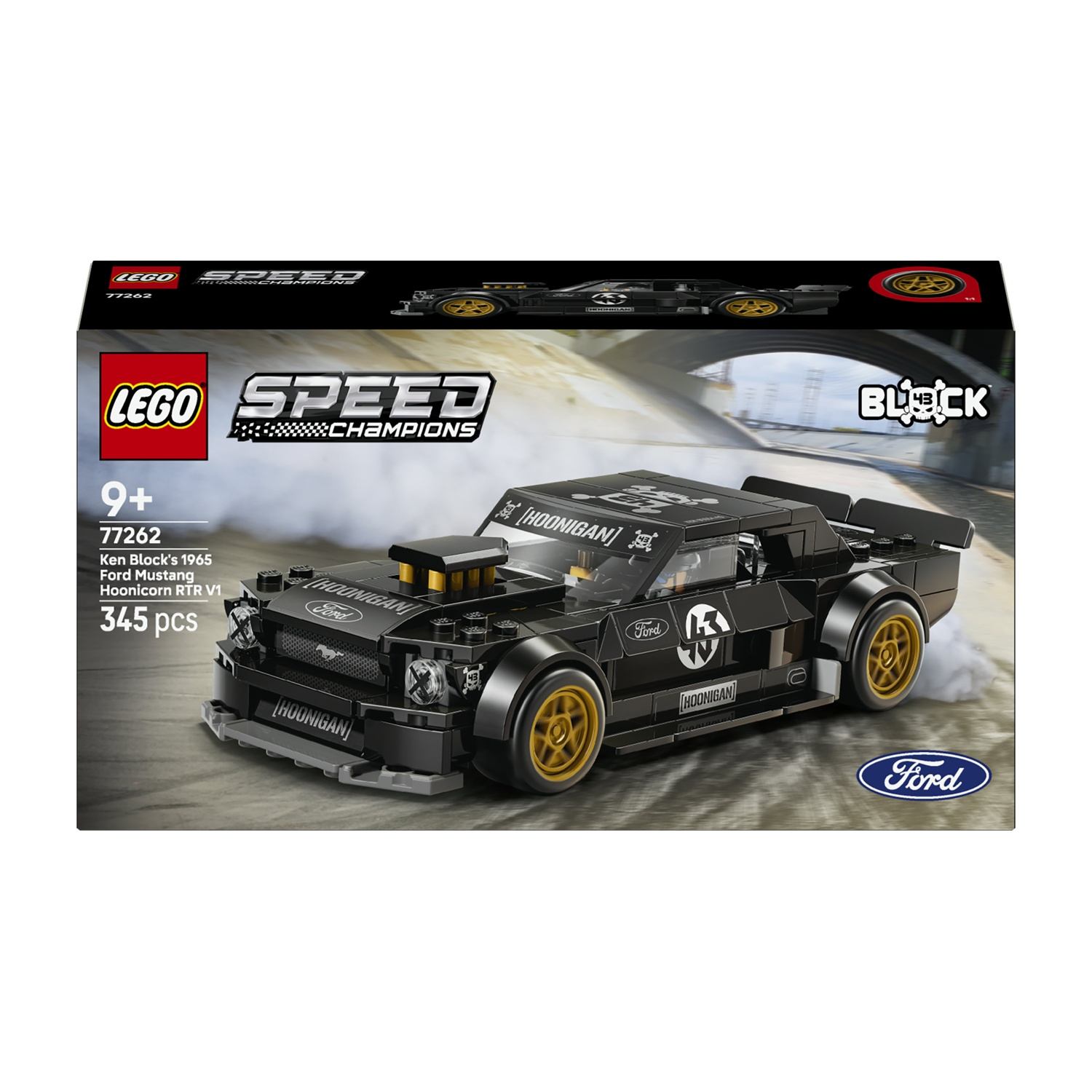 Scatola Lego con un'auto giocattolo Ford Mustang Hoonicorn RTR V1 nera.