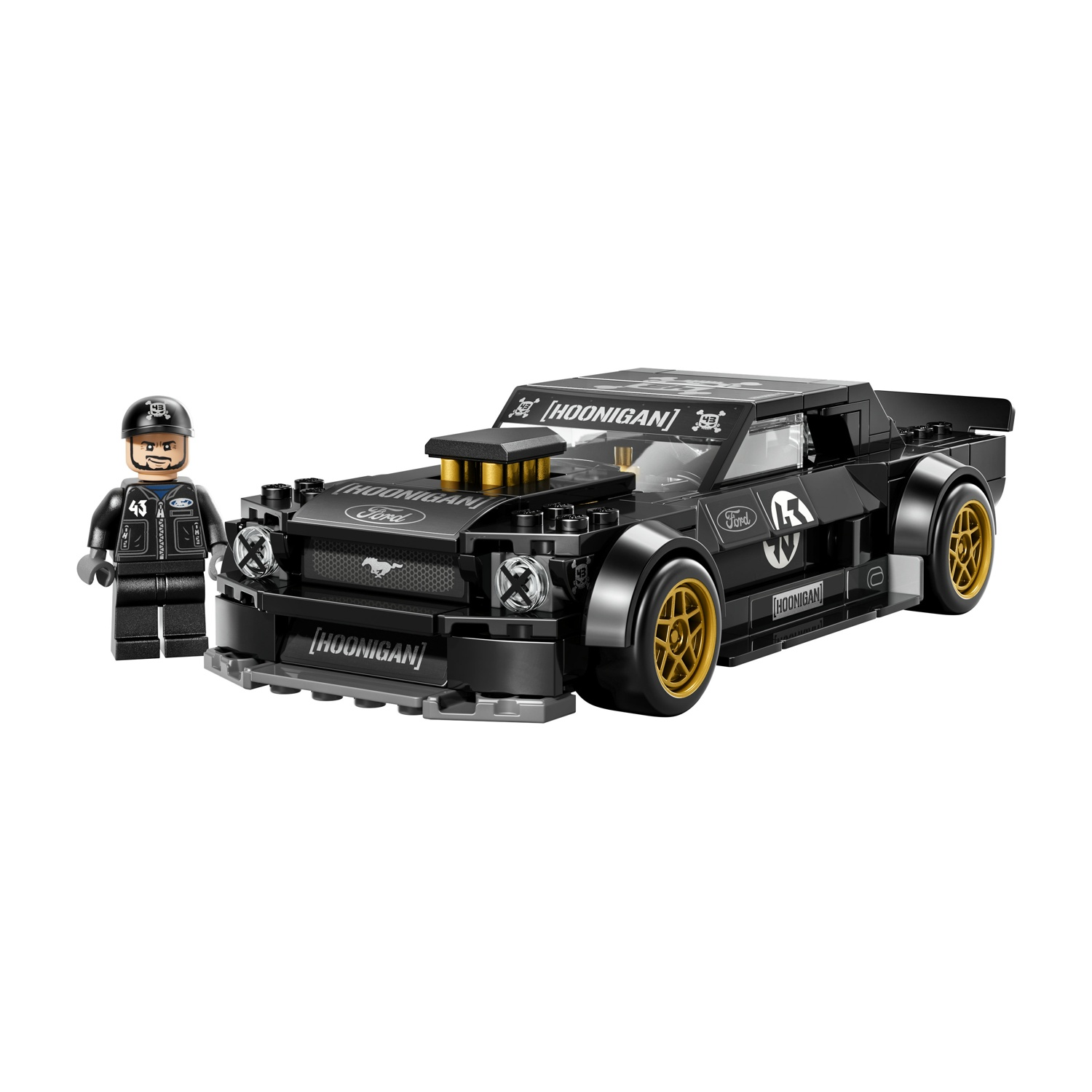 Auto Lego Ford Mustang Hoonigan nera con ruote dorate e minifigure.