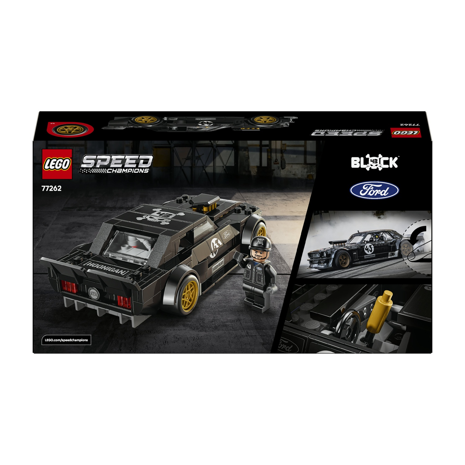 LEGO Speed Champions Ford Mustang con minifigure e dettagli pista.