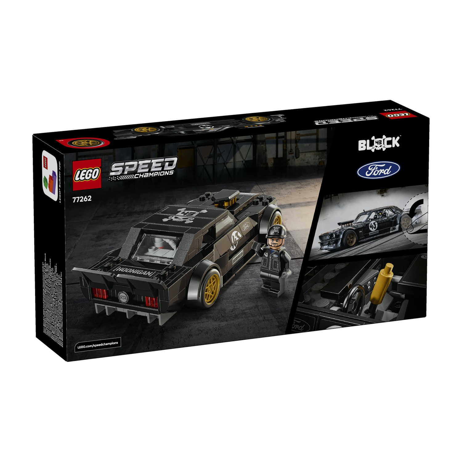 Scatola Lego Speed Champions con Ford Mustang Hoonicorn nero e minifigure.