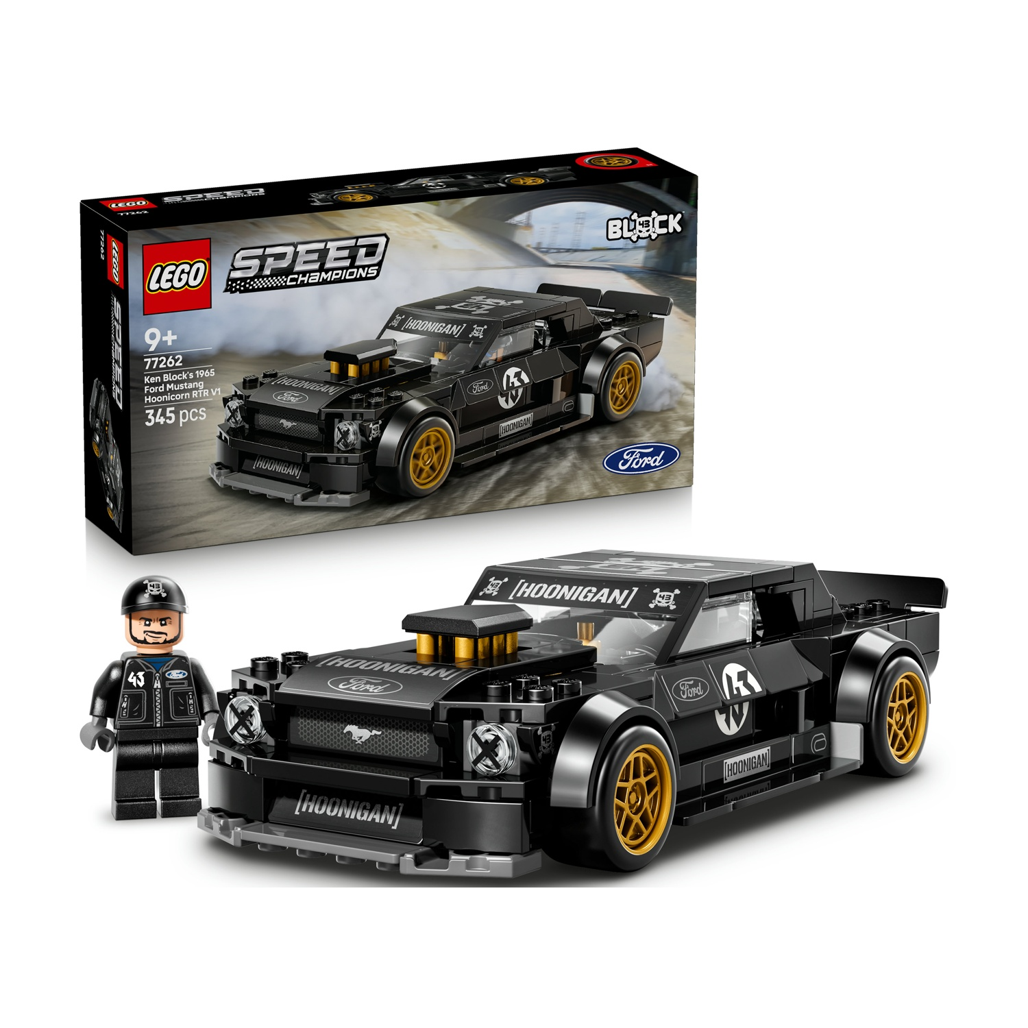 LEGO Ford Mustang Hoonicorn nero con minifigure e scatola.