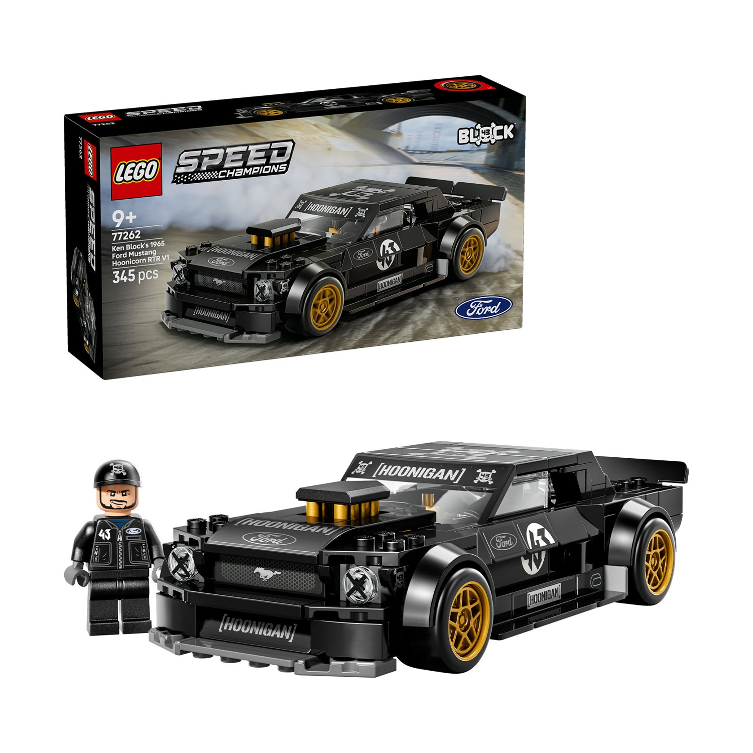 Set LEGO Ken Block's 1965 Ford Mustang Hoonicorn RTR V1 con minifiguretta.
