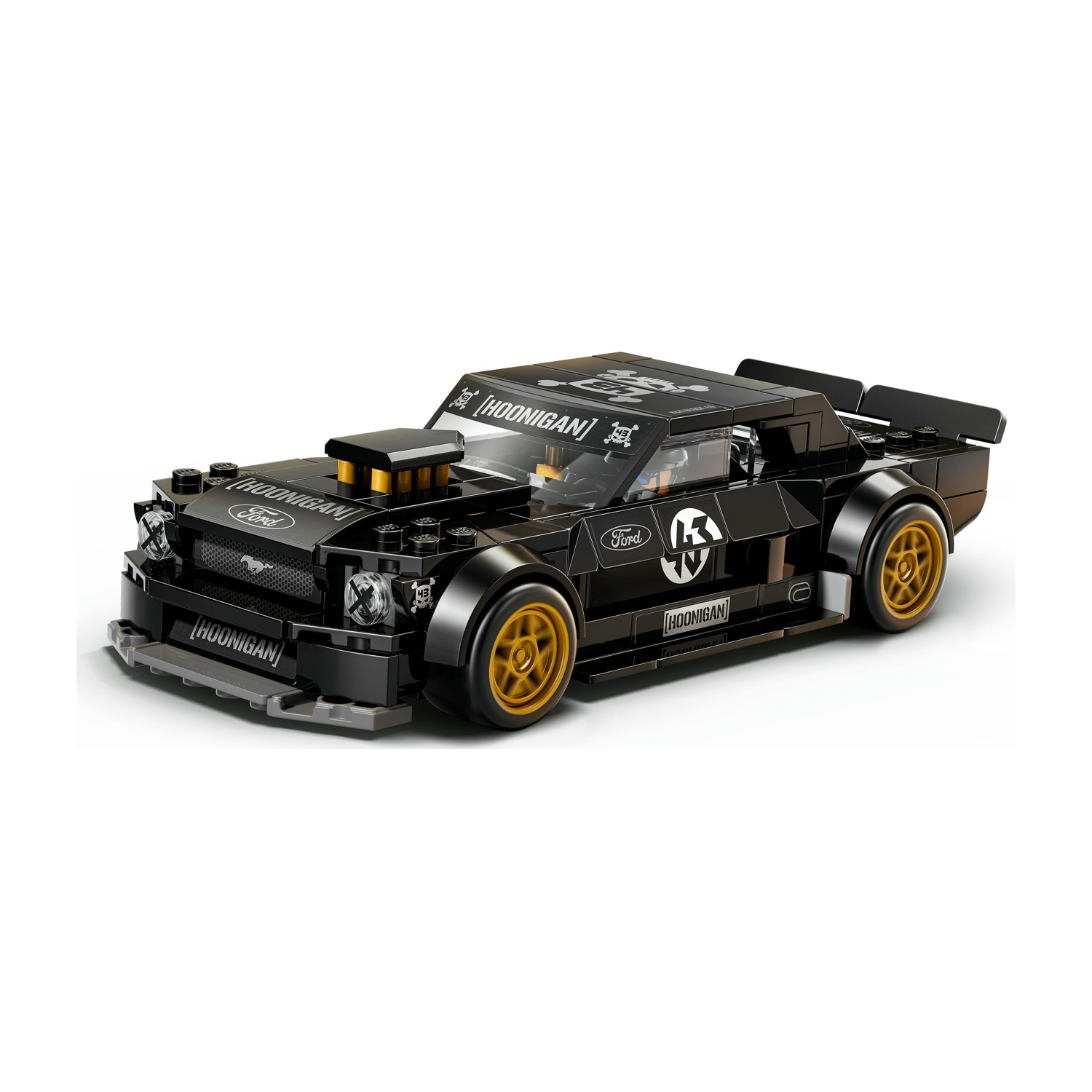Lego Ford Mustang Hoonicorn nero con cerchi dorati e decalcomanie da corsa su sfondo bianco.