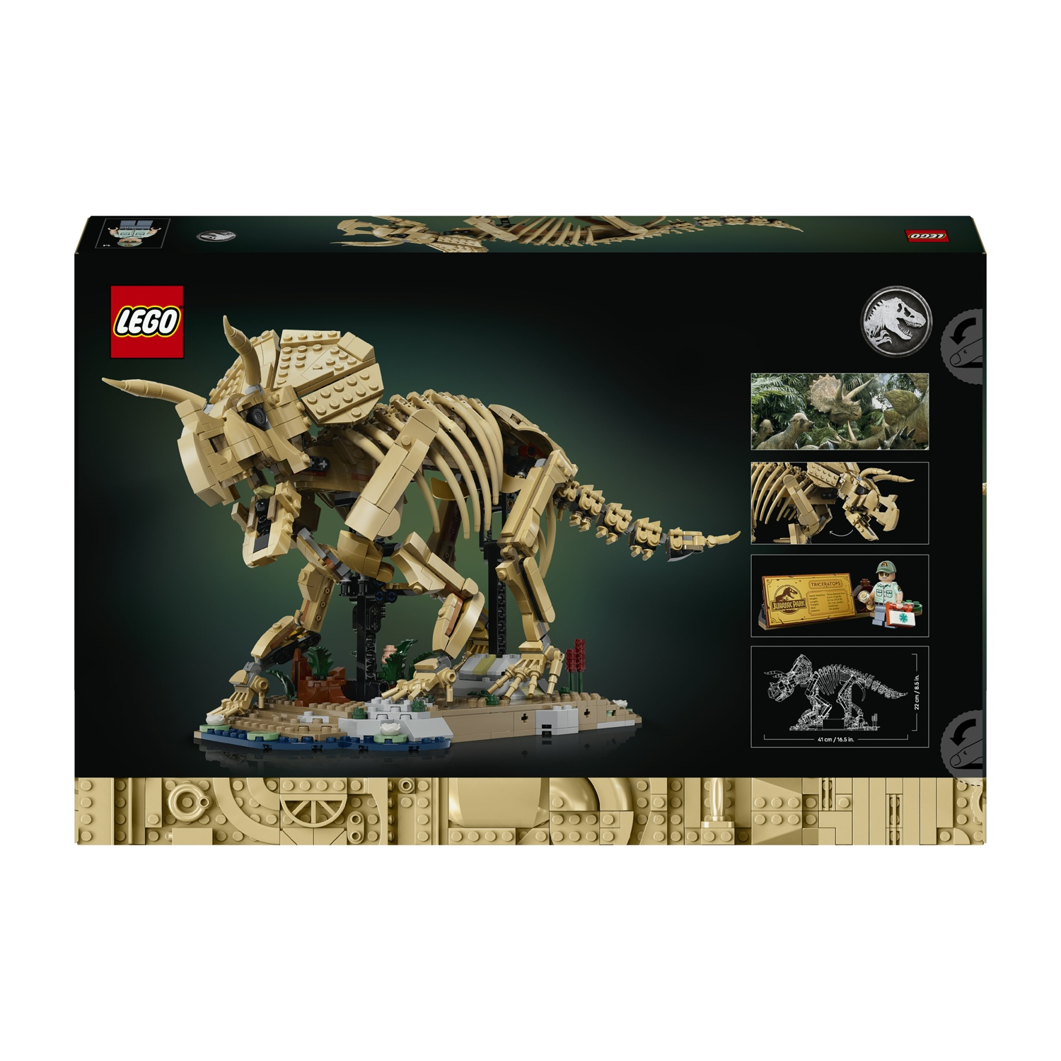 Kit scheletro Triceratopo LEGO con targa informativa e minifigure.